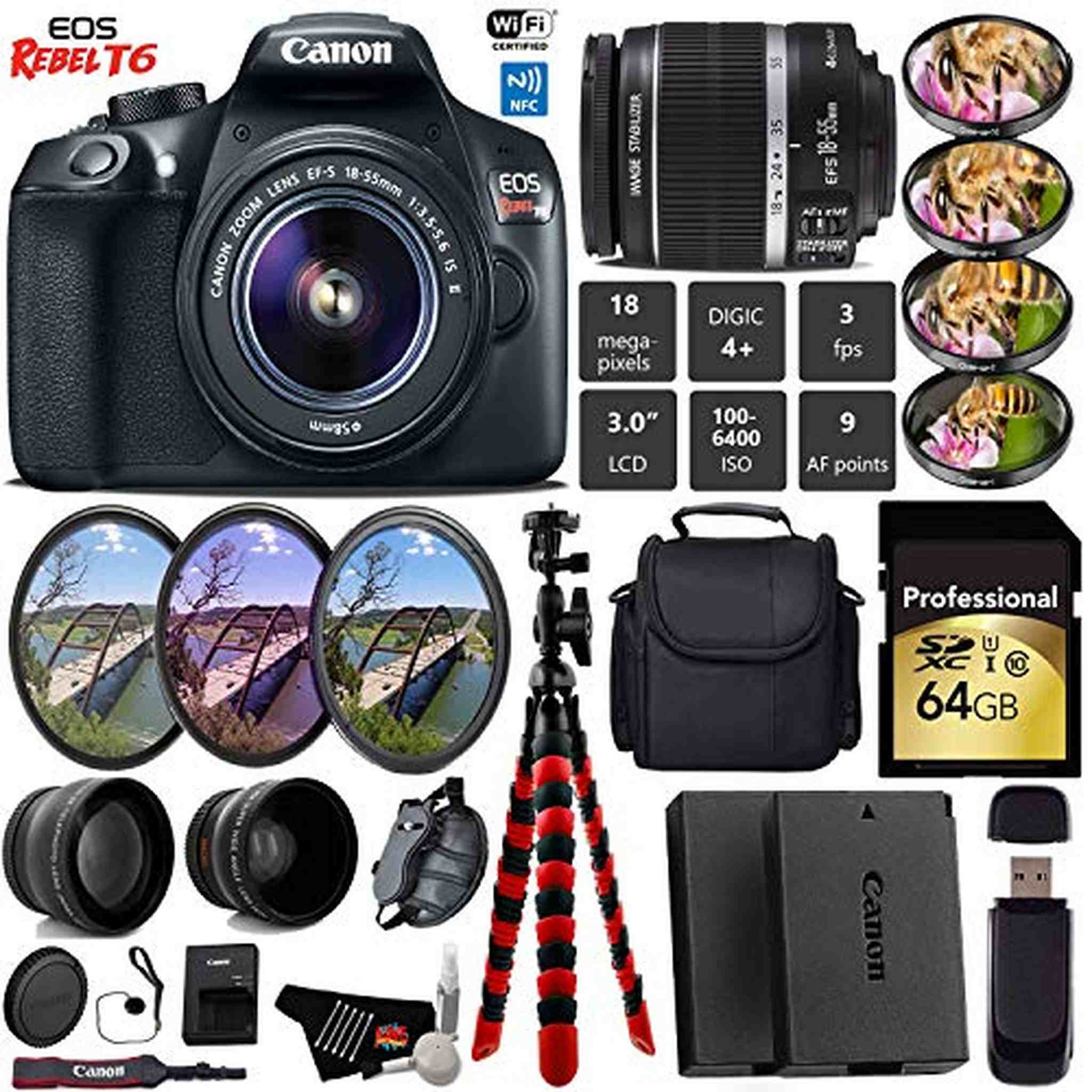 Canon EOS Rebel T6 DSLR Camera with 18-55mm is II Lens + UV FLD CPL Filter Kit + 4 PC Macro Kit + Wide Angle & Telephoto Pro Bundle Canon