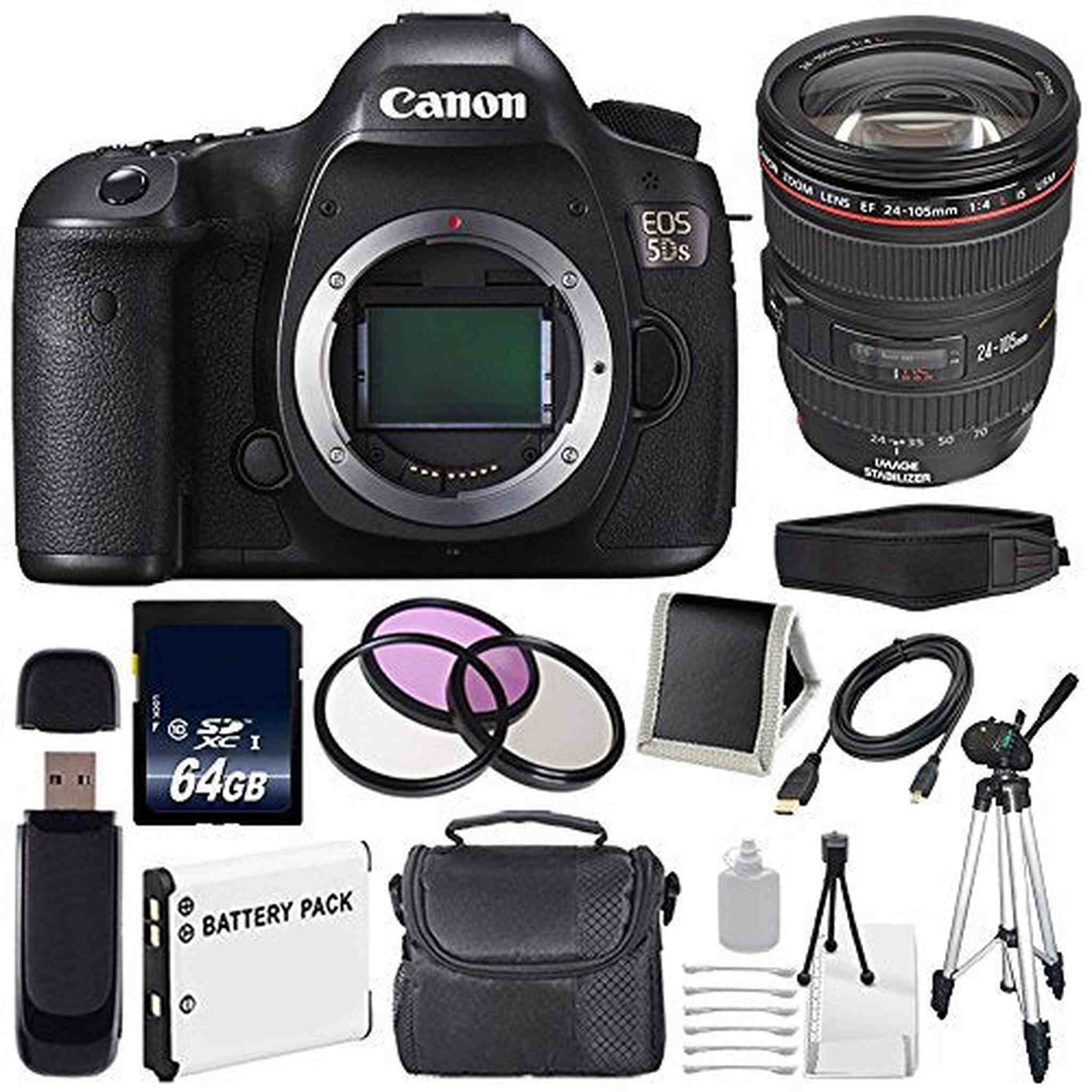 Canon EOS 5DS DSLR Camera International Model 0581C002 + Canon EF 24-105mm f/4L is USM Lens + LP-E6 Battery + 64GB Mem Canon