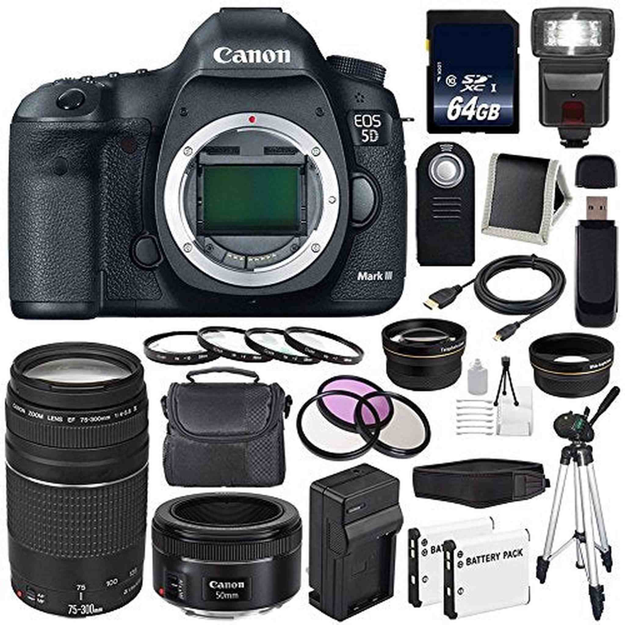 Canon EOD 5D III Digital Camera International Model + Canon EF 75-300 III+ EF 50mm f/1.8 STM Lens Starter Bundle Canon