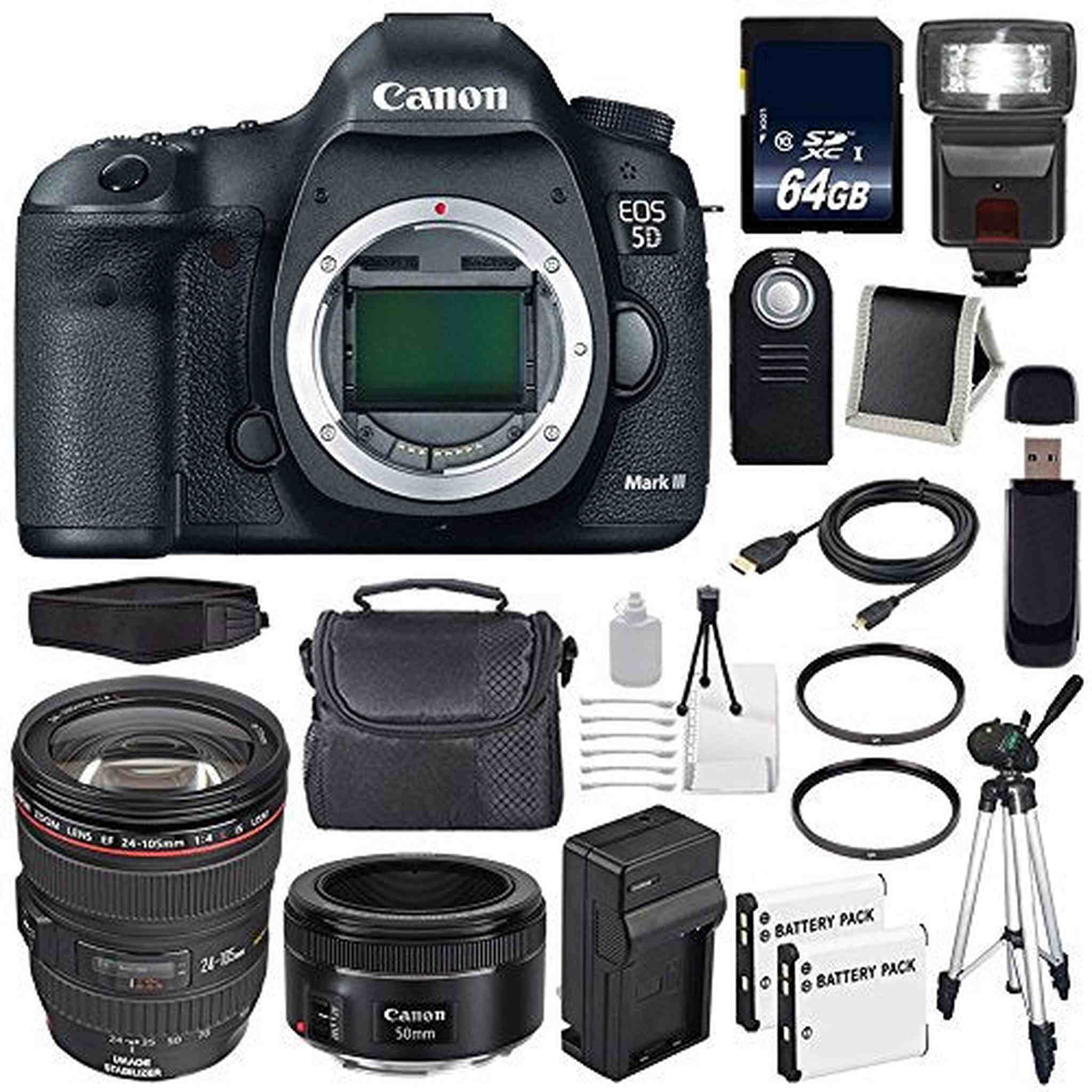 Canon EOD 5D III Digital Camera International Model + Canon EF 24-70mm f/4L is USM Lens + EF 50mm f/1.8 STM Lens Deluxe Bundle Canon