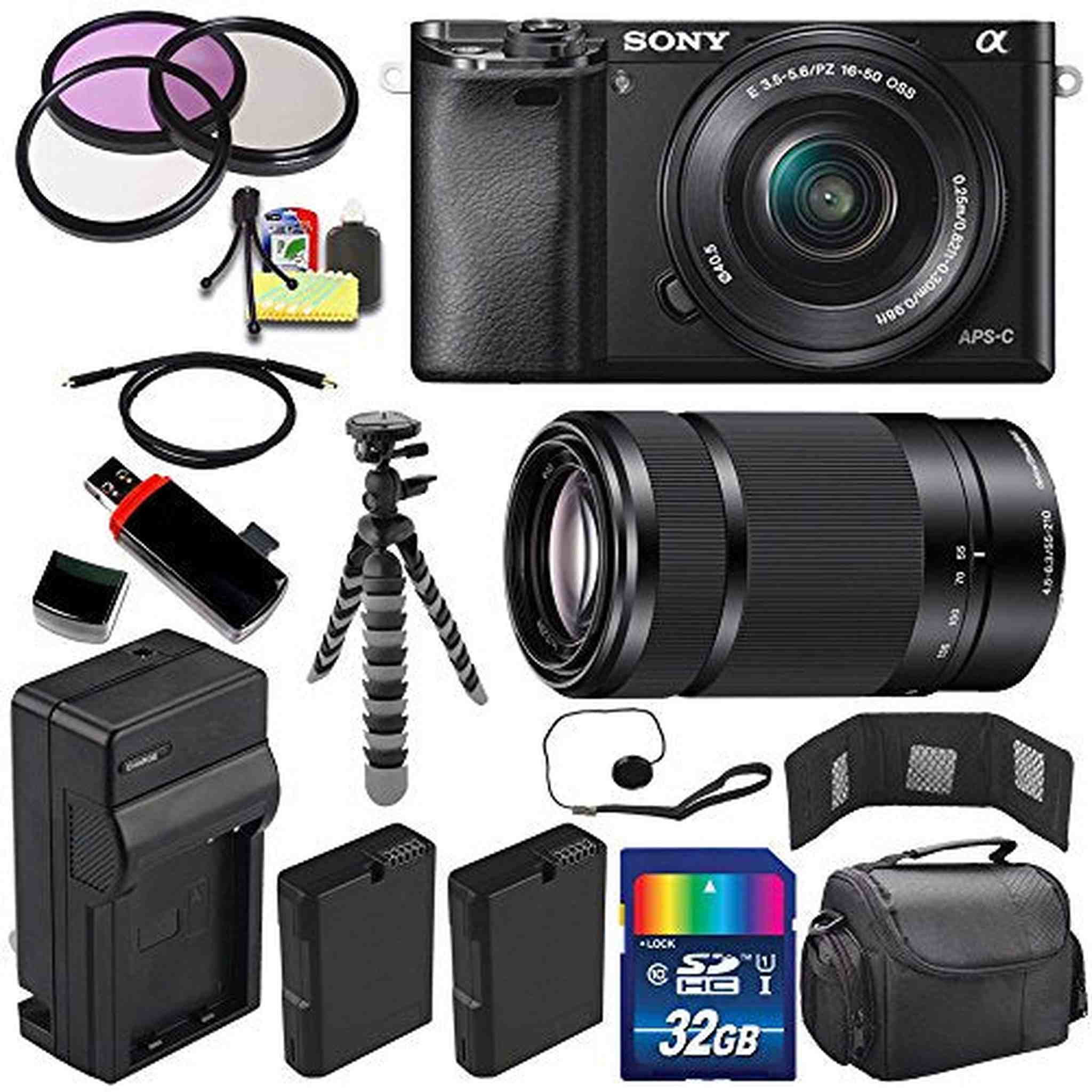 Sony Alpha a6000 Mirrorless Digital Camera with 16-50mm Lens Black + Sony E 55-210mm f/4.5-6.3 OSS E-Mount Lens 32GB Ultimate Bundle Sony