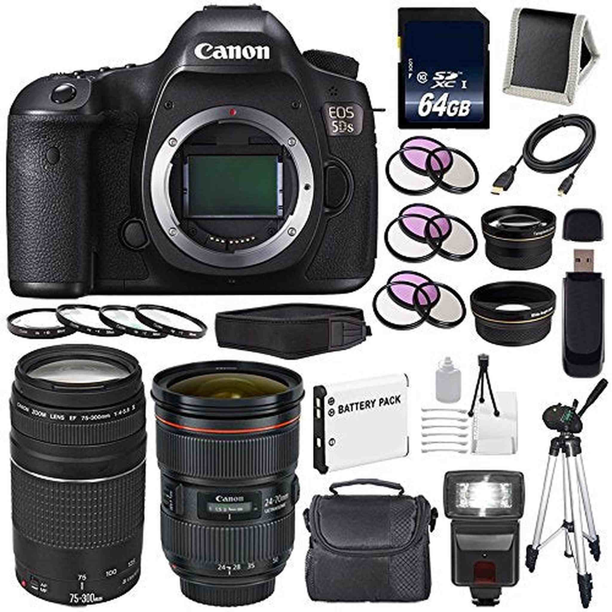 Canon EOS 5DS DSLR Camera International Model 0581C002 + Canon EF 24-70mm f/2.8L II USM Lens + Canon EF 75-300 III+ LP Canon