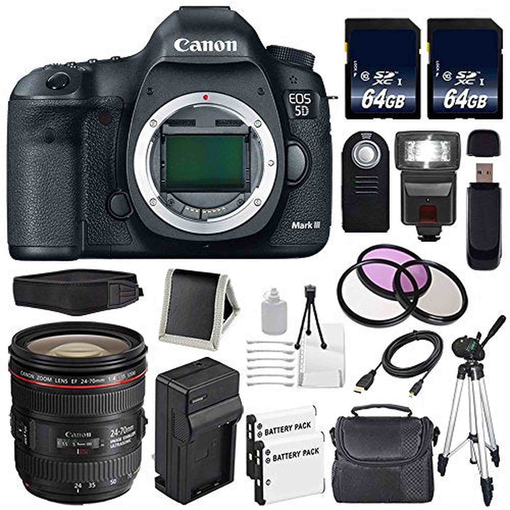 Canon EOD 5D III Digital Camera International Model + Canon EF 24-70mm f/4L is USM Lens + LP-E6 Battery + 64GB Memory Card Base Bundle Canon