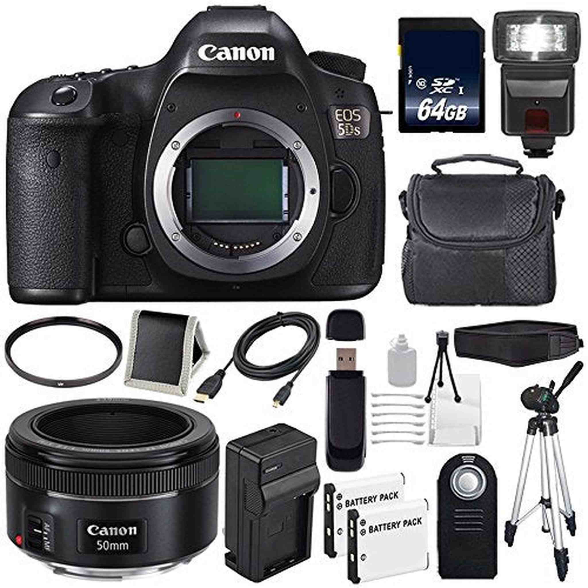 Canon EOS 5DS DSLR Camera International Model 0581C002 + Canon EF 50mm f/1.8 STM Lens + LP-E6 Battery Deluxe Bundle Canon