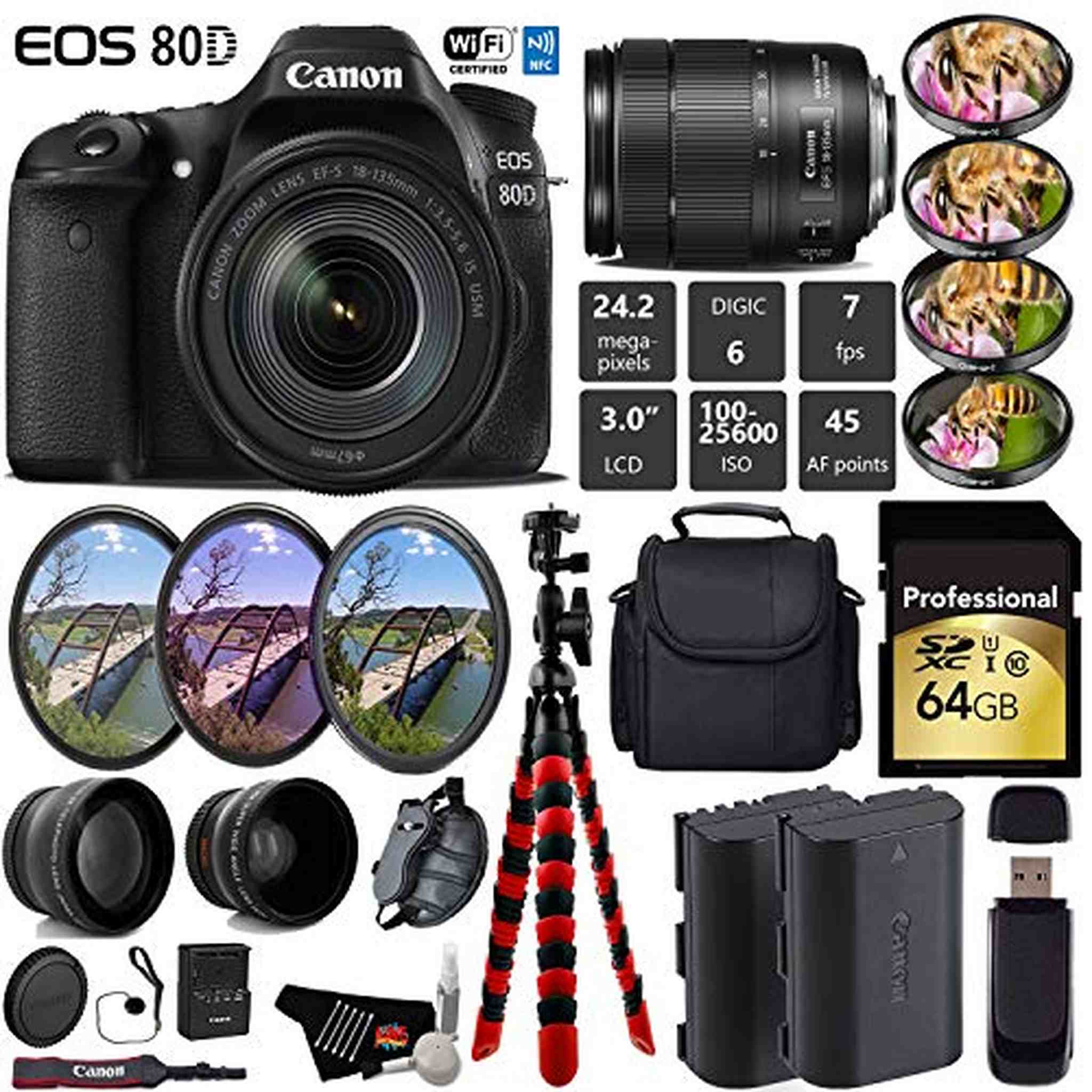 Canon EOS 80D DSLR Camera with 18-135mm is STM Lens + UV FLD CPL Filter Kit + 4 PC Macro Kit + Wide Angle & Telephoto Lens Pro Bundle Canon