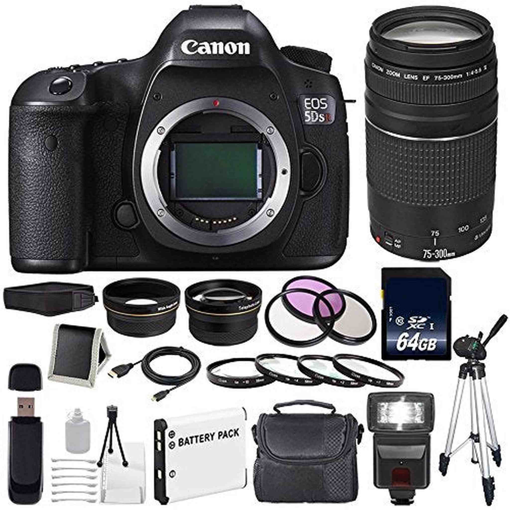 Canon EOS 5DS R DSLR Camera International Model 0582C002 + Canon EF 75-300 III+ LP-E6 Replacement Battery + 64GB SDXC Advanced Bundle Canon