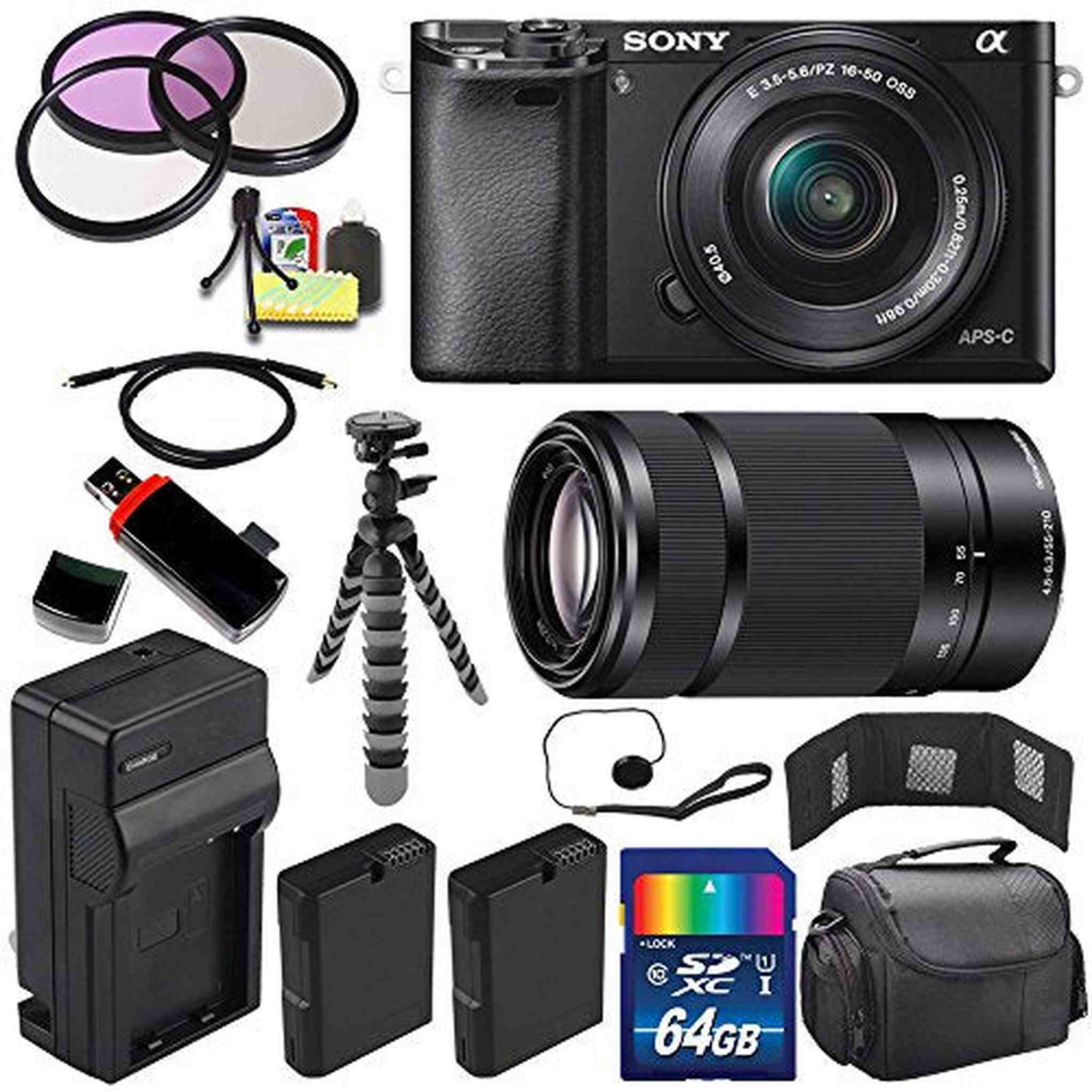 Sony Alpha a6000 Mirrorless Digital Camera with 16-50mm Lens Black + Sony E 55-210mm f/4.5-6.3 OSS E-Mount Lens 64GB Ultimate Bundle Sony