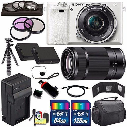 Sony Alpha a6000 Mirrorless Digital Camera with 16-50mm Lens White + Sony E 55-210mm f/4.5-6.3 OSS E-Mount Lens 196GB Bundle Sony