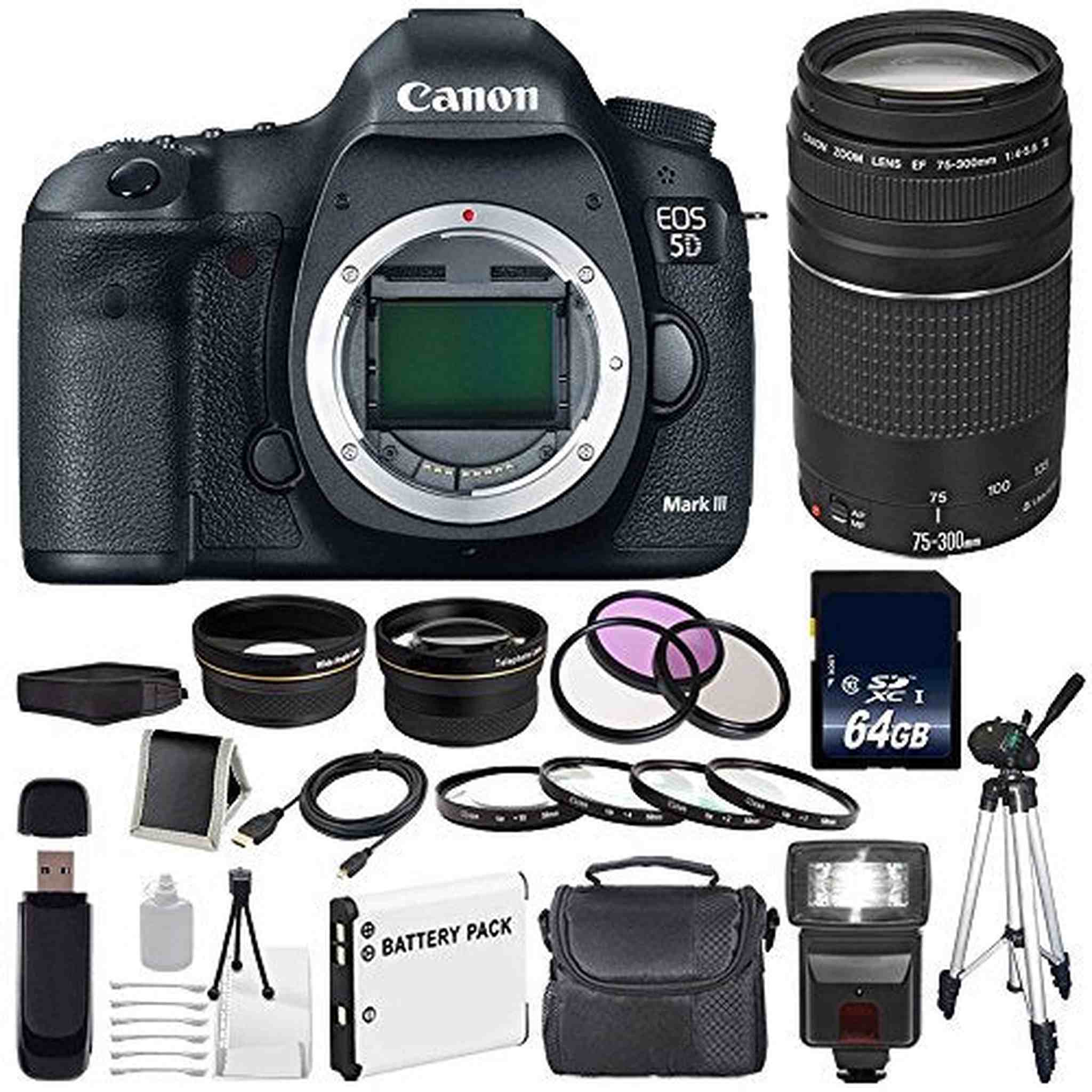 Canon EOD 5D III Digital Camera International Model + Canon EF 75-300 III+ LP-E6 Replacement Battery + 64GB SDXC Card + Canon