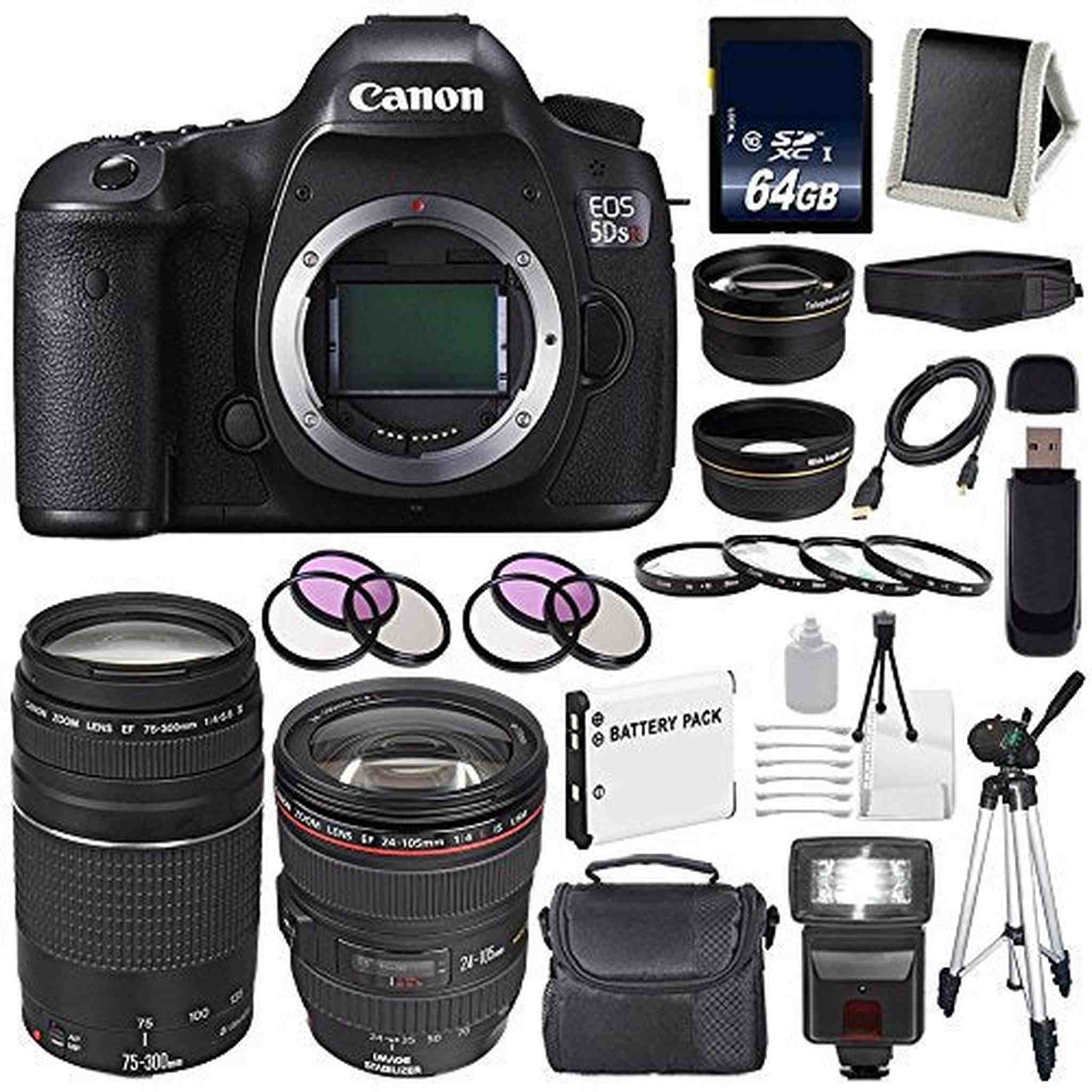 Canon EOS 5DS R DSLR Camera International Model 0582C002 + Canon EF 24-105mm f/4L is USM Lens + Canon EF 75-300 III Pro Bundle Canon