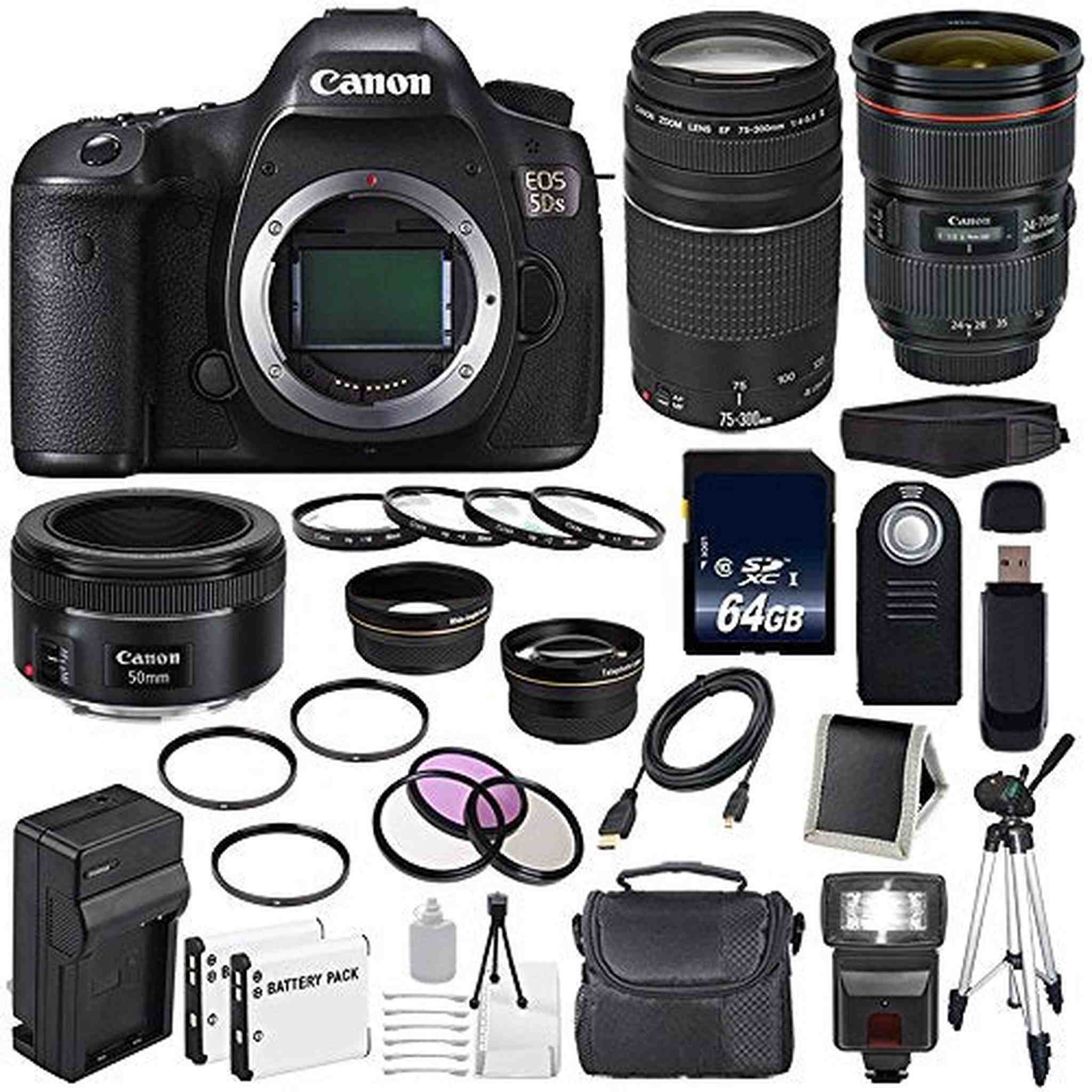 Canon EOS 5DS DSLR Camera International Model 0581C002 + Canon EF 24-70mm f/2.8L II USM Lens + Canon EF 75-300 III Starter Bundle Canon