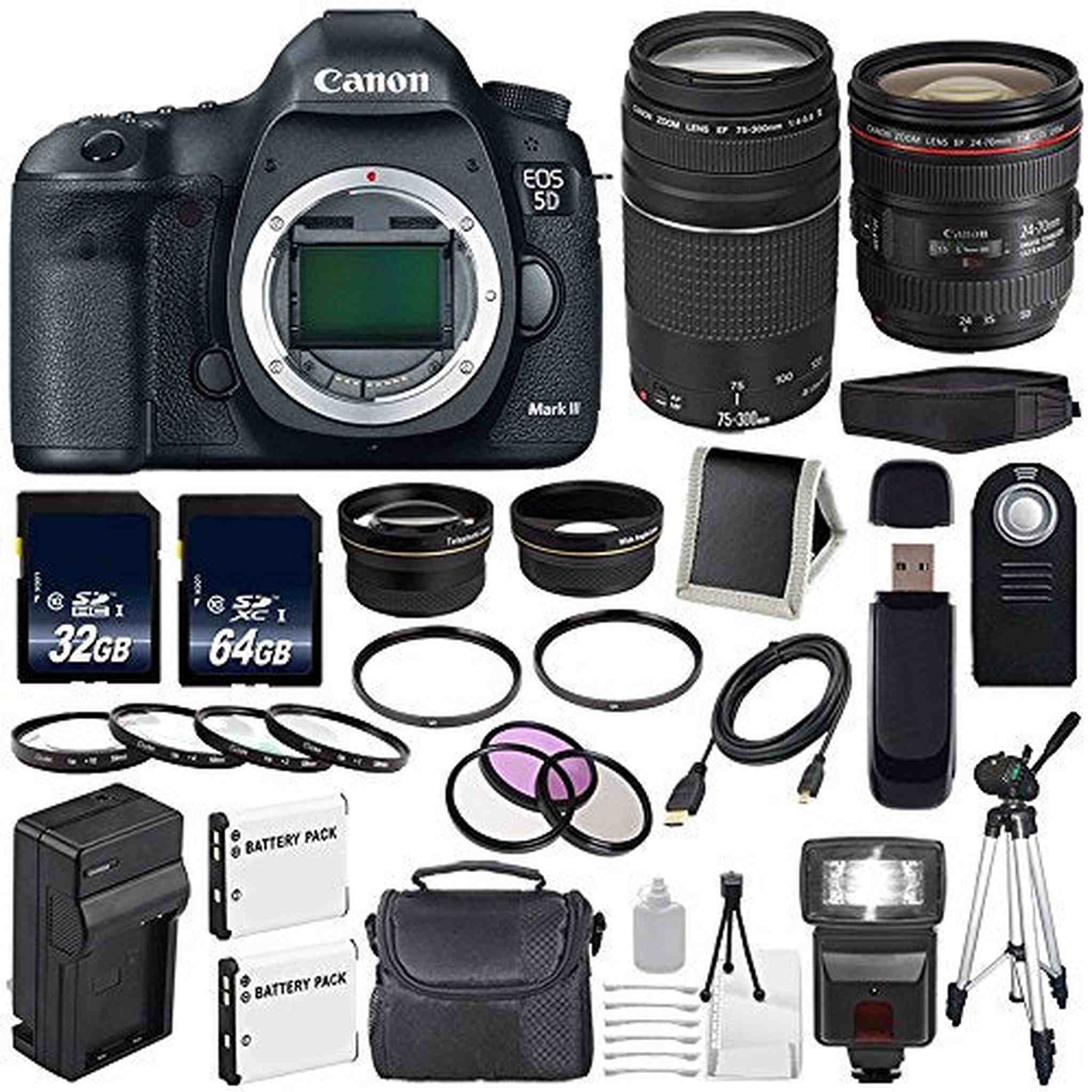 Canon EOD 5D III Digital Camera International Model + Canon EF 24-70mm f/4L is USM Lens + Canon EF 75-300 III Advanced Bundle Canon