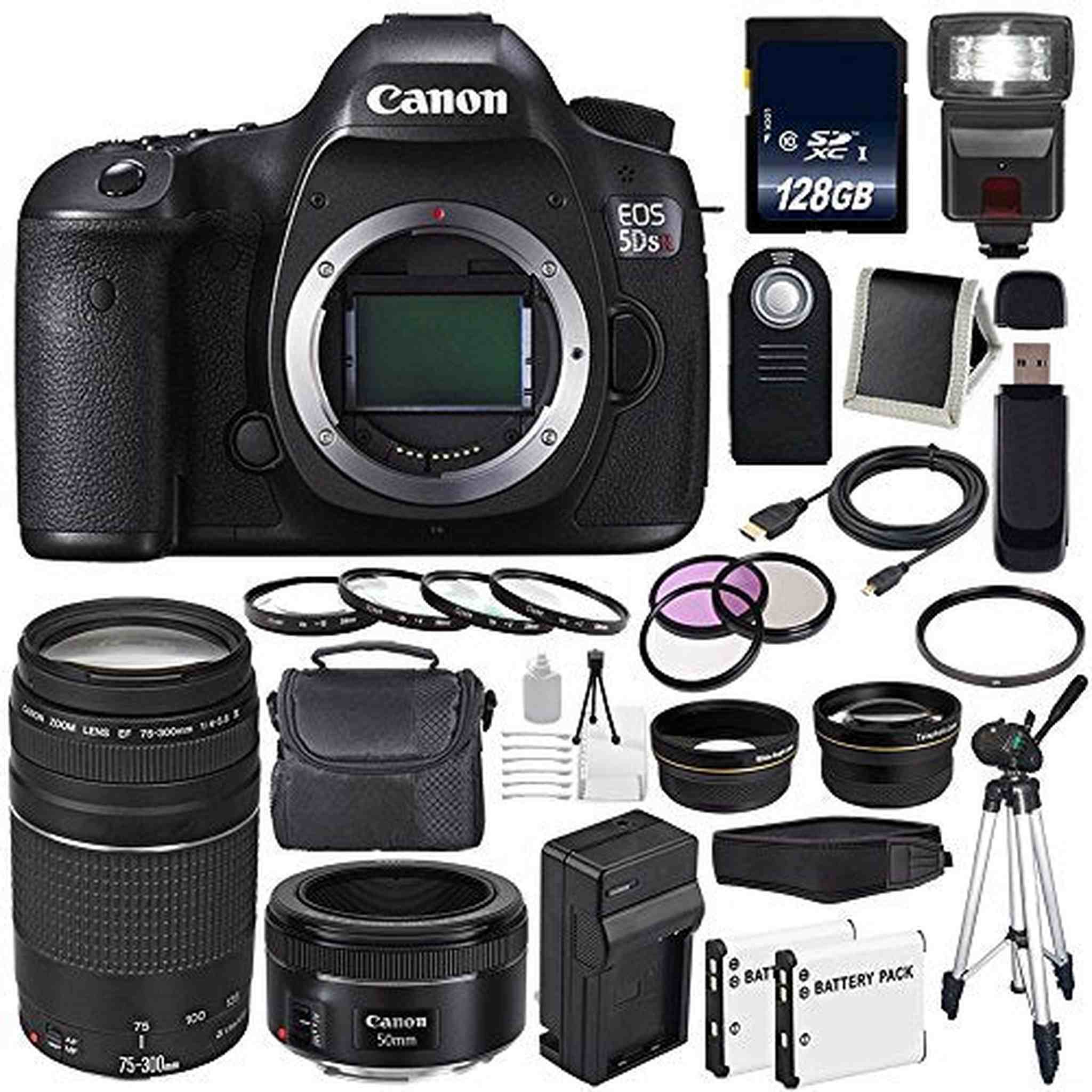 Canon EOS 5DS R DSLR Camera International Model 0582C002 + Canon EF 75-300 III+ EF 50mm f/1.8 STM Lens Base Bundle Canon