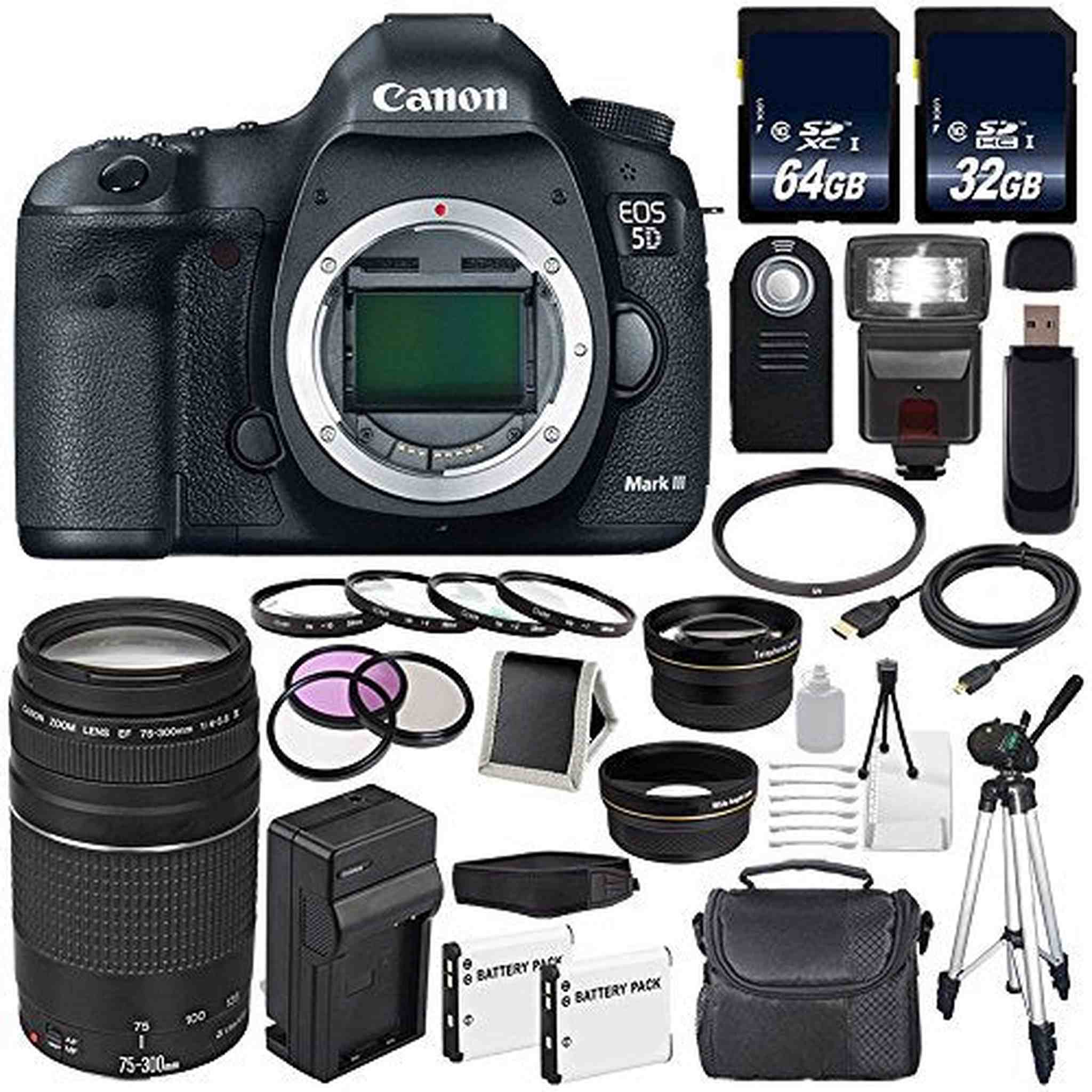 Canon EOD 5D III Digital Camera International Model + Canon EF 75-300 III+ LP-E6 Replacement Battery + Charger + 64GB SD Supreme Bundle Canon