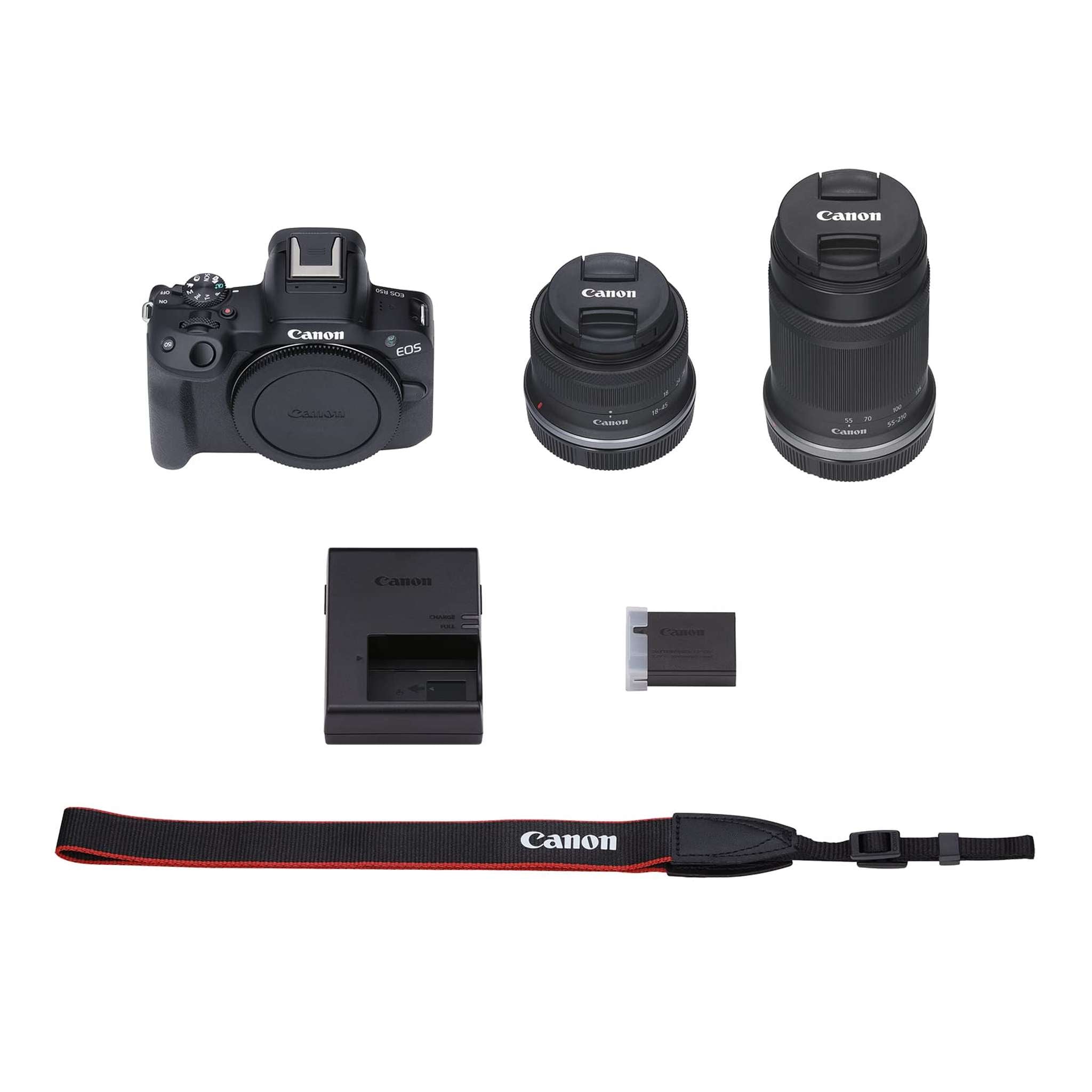 Canon EOS R50 Mirrorless Vlogging Camera Black w/RF-S18-45mm F4.5-6.3 is STM & RF-S55-210mm F5-7.1 is STM Lenses, 24.2 MP, 4K Video, Subject Detection & Tracking, Compact, Smartphone Connection Canon