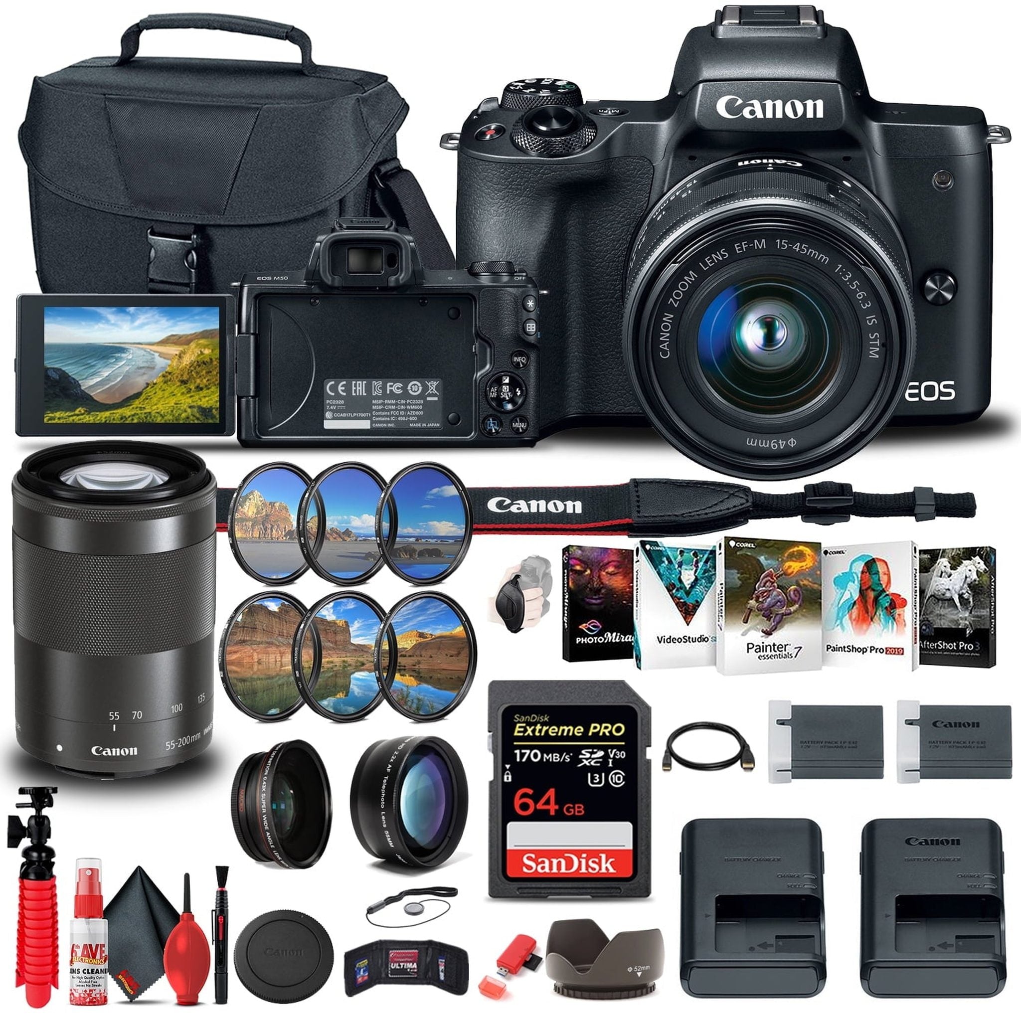 Canon EOS M50 Mirrorless Digital Camera with 15-45mm and 55-200mm Lenses Extra Battery & Storage Bundle Canon