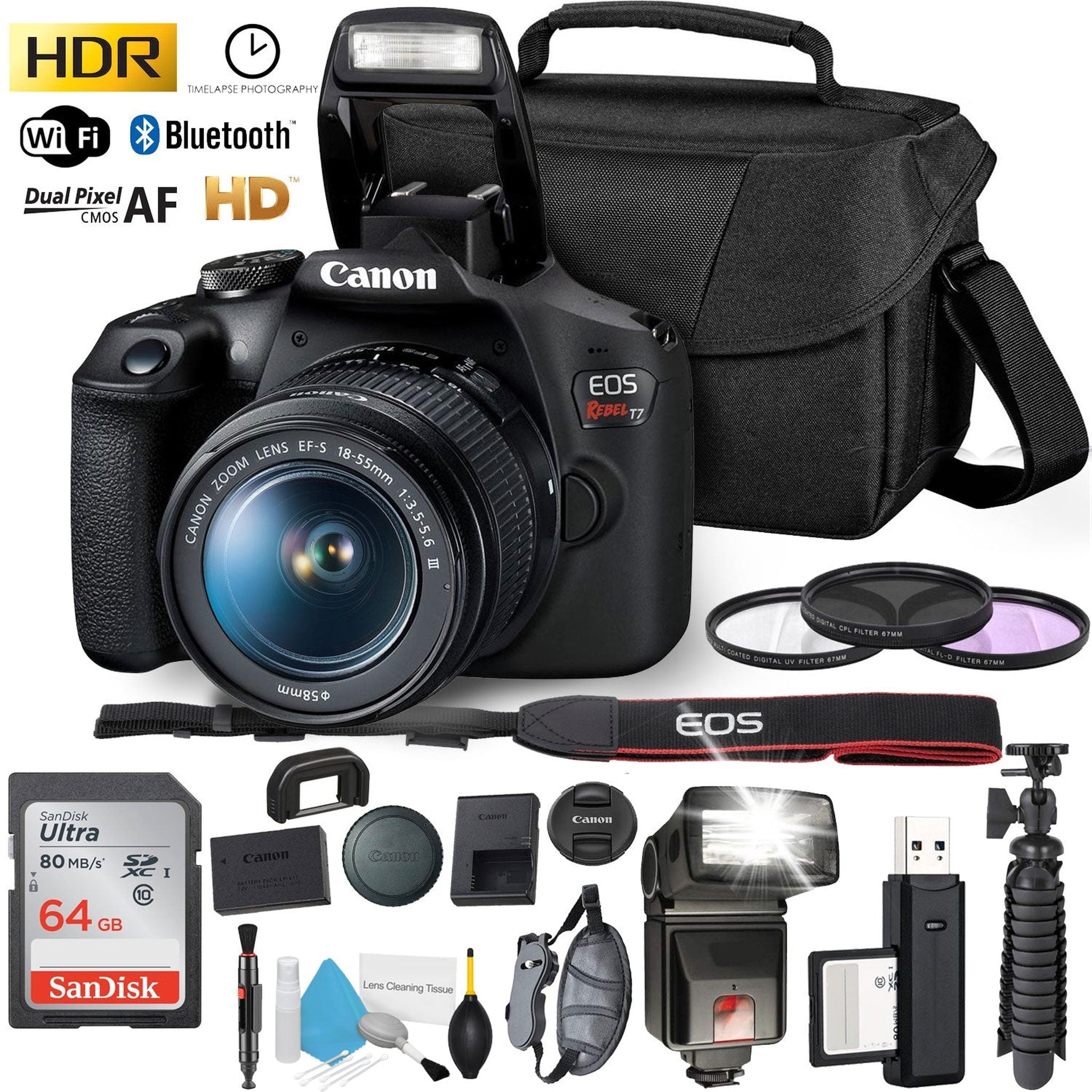 Canon Rebel T7 DSLR Camera with 18-55mm DC III Lens and 64GB Ultra Speed Memory Card, Case, Cleaning Kit, Flash Bundle Canon