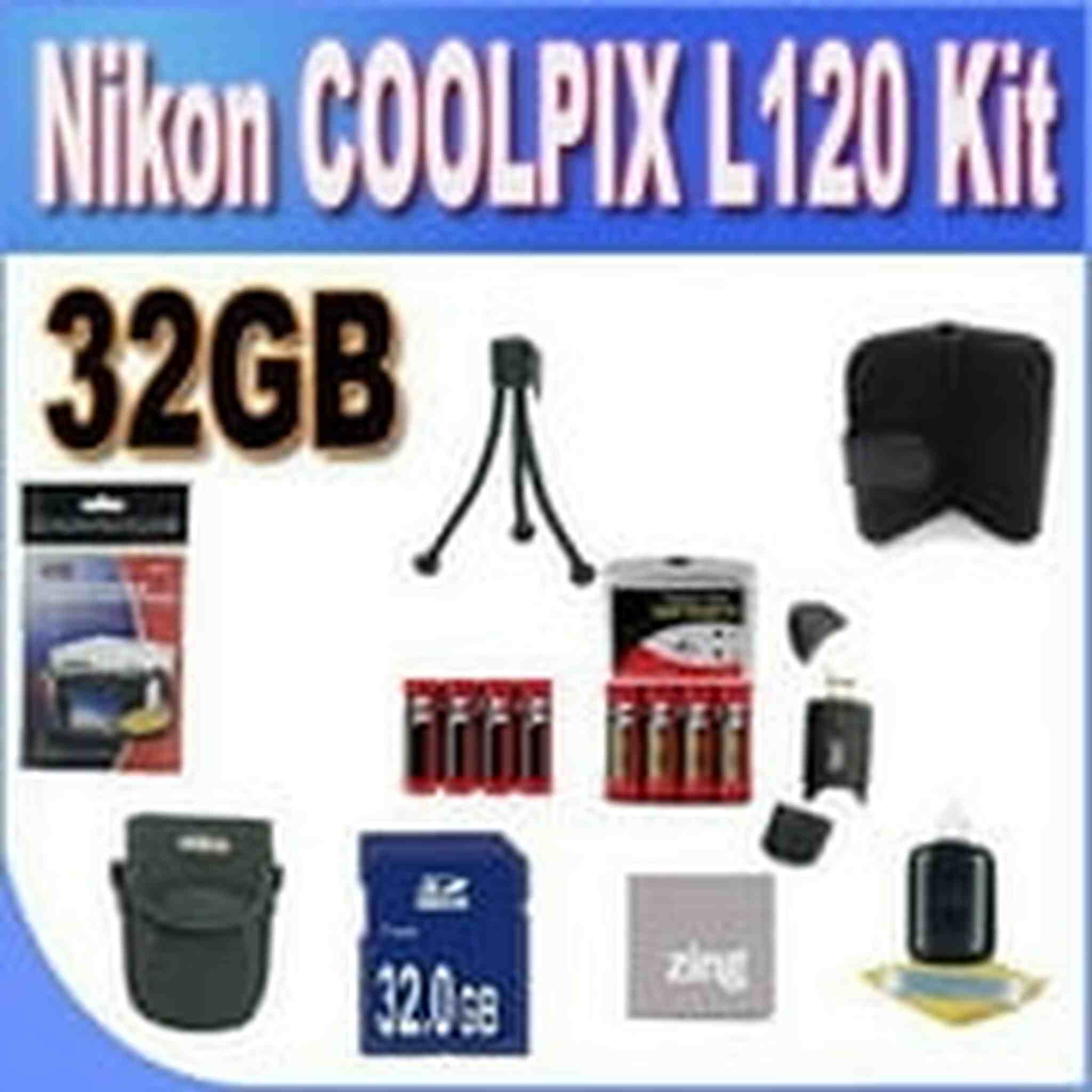 Nikon COOLPIX L120 32GB Accessory Saver Kit 32GB SDHC Memory Card+ 2 Sets of 4 NIMH Rechargeable AA Batteries+ Rapid Battery Charger + Memory Card Wallet+ Accessory Kit Nikon