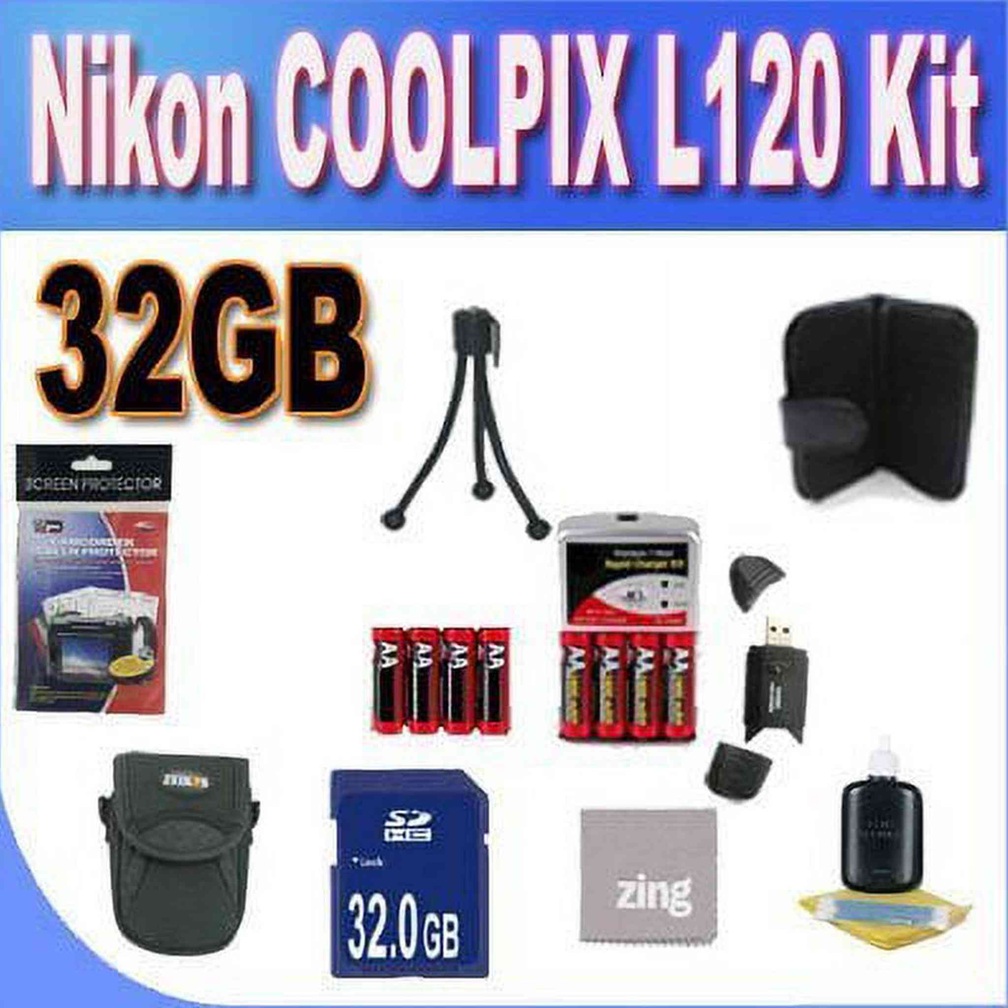 Nikon COOLPIX L120 32GB Accessory Saver Kit 32GB SDHC Memory Card+ 2 Sets of 4 NIMH Rechargeable AA Batteries+ Rapid Battery Charger + Memory Card Wallet+ Accessory Kit Nikon