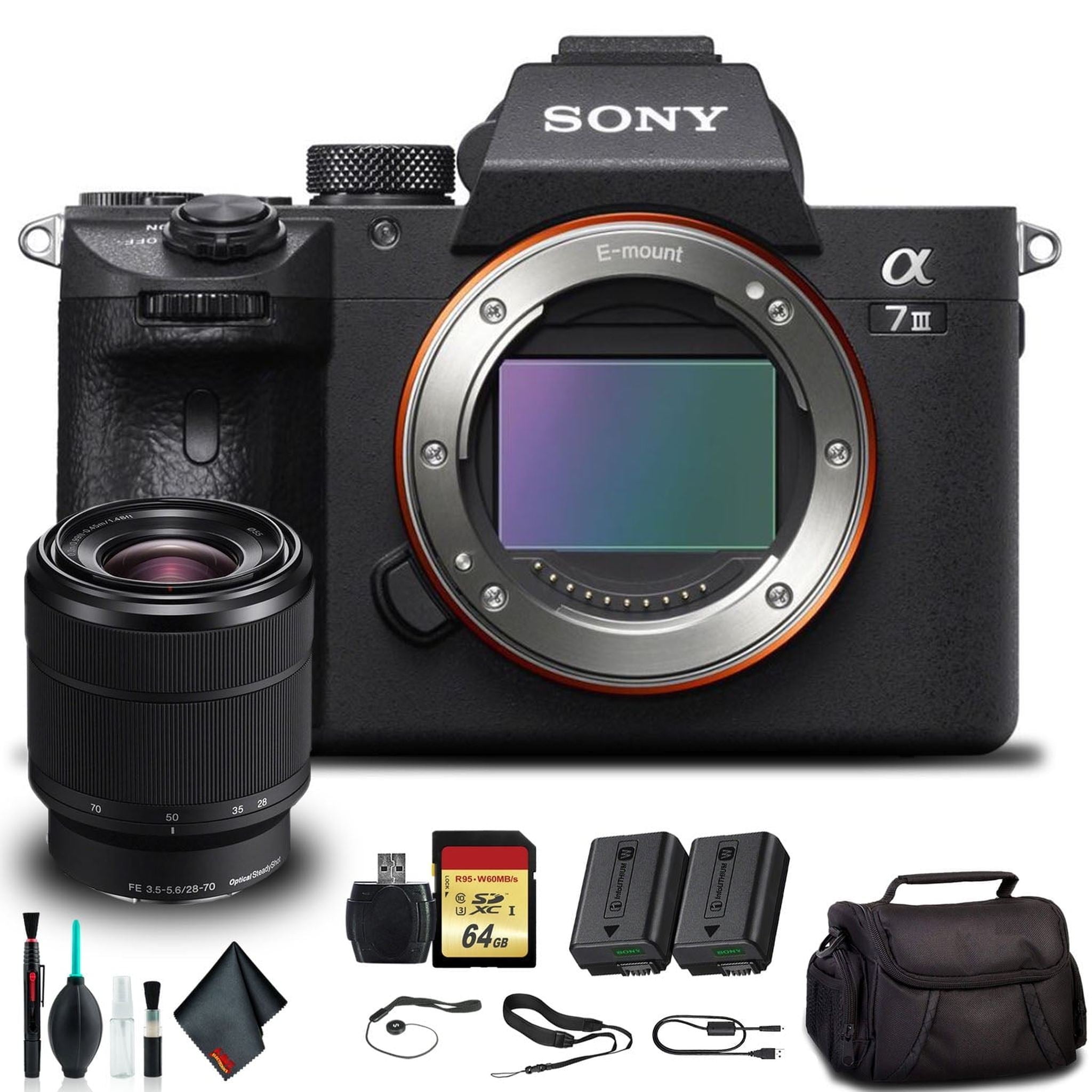 Sony Alpha a7 III Mirrorless Camera with 28-70mm Lens ILCE7M3K/B With Soft Bag, Additional Battery, 64GB Memory Card, Card Reader , Plus Essential Sony