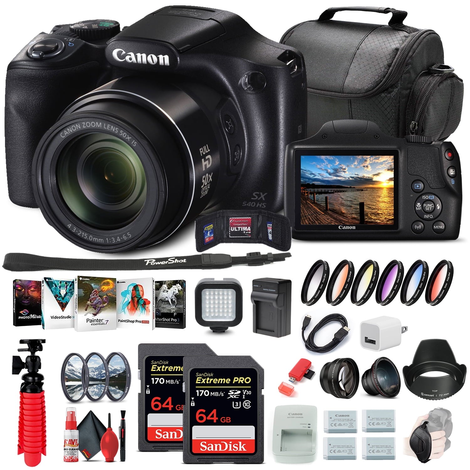 Canon PowerShot SX540 HS Digital Camera 1067C001 + 2 x 64GB Card + More Canon