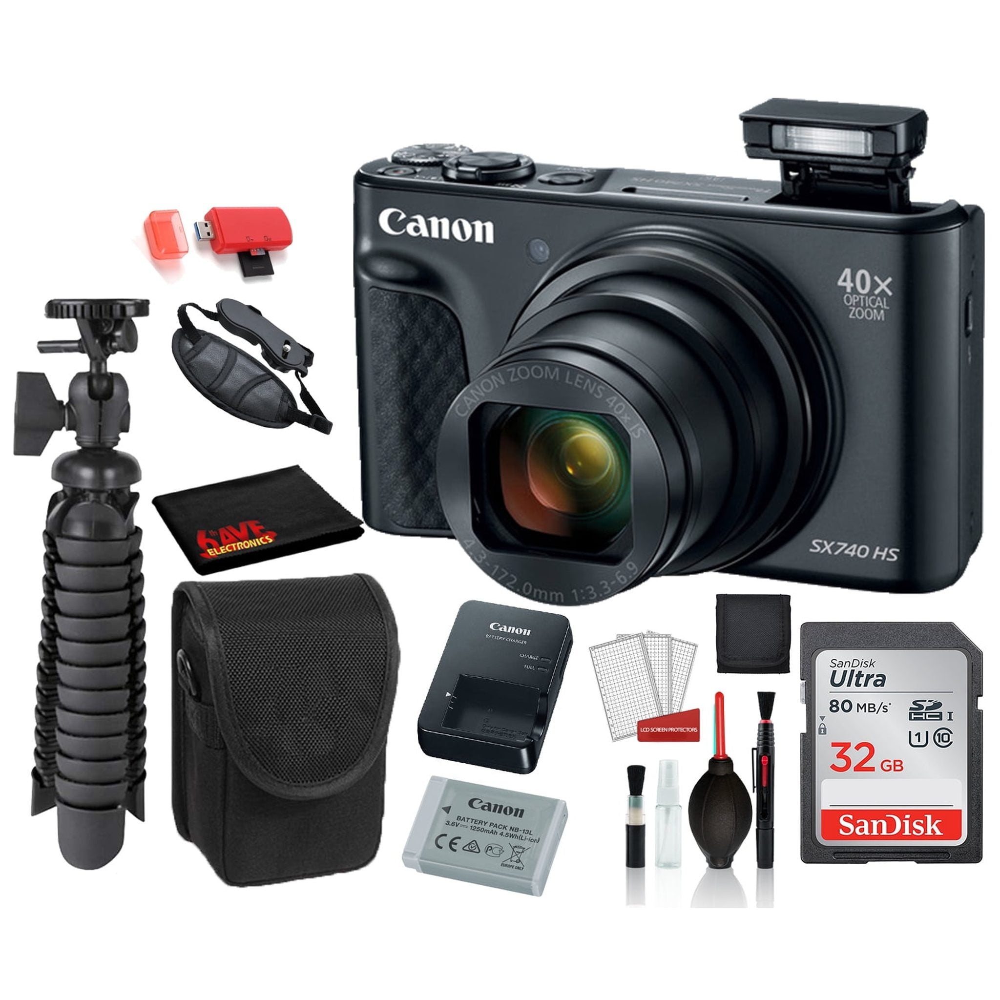 Canon PowerShot SX740 HS Digital Camera Black with SanDisk 32gb SD card + Camera Case + 12 Tripod Starter Bundle Canon