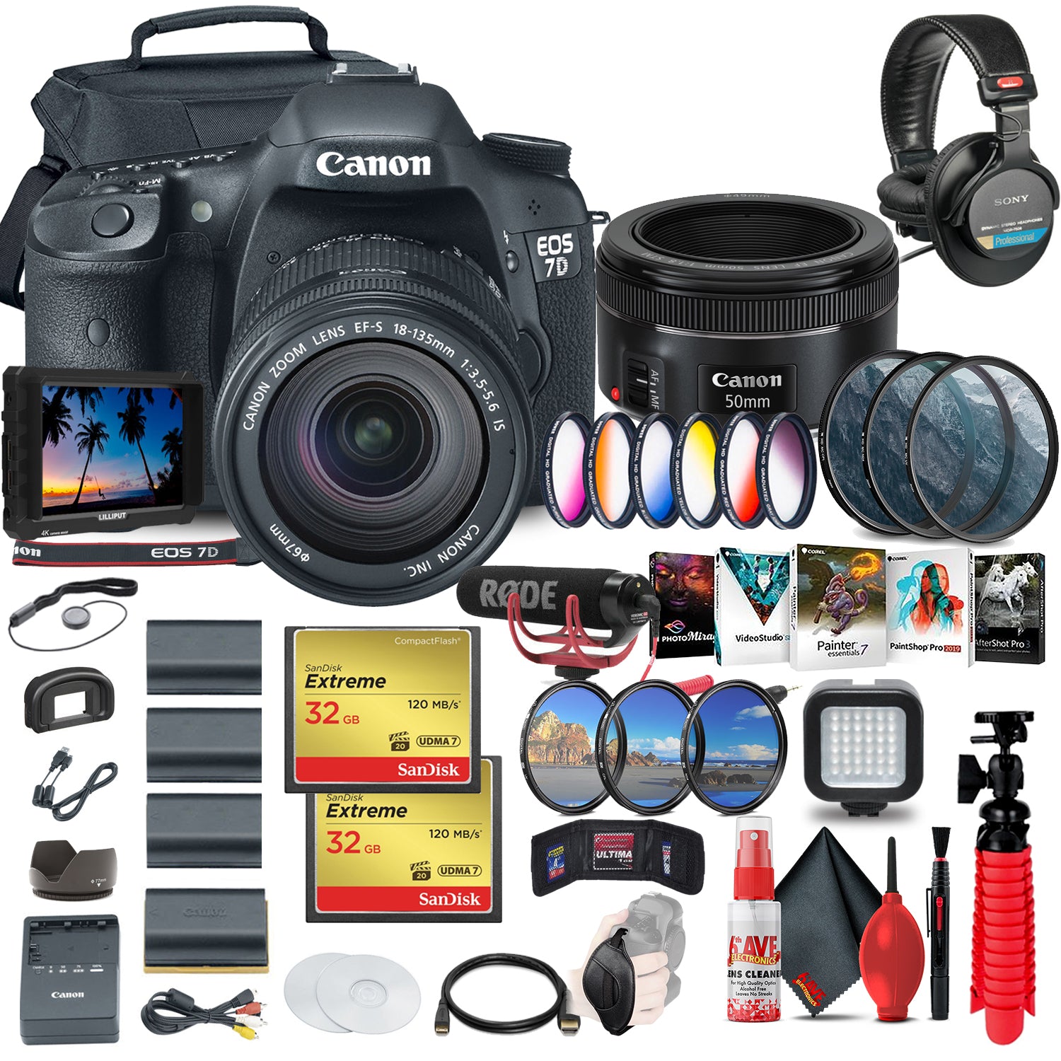 Canon EOS 7D DSLR Camera with 18-135mm Kit 3814B016 + 4K Monitor + Canon EF 50 Canon