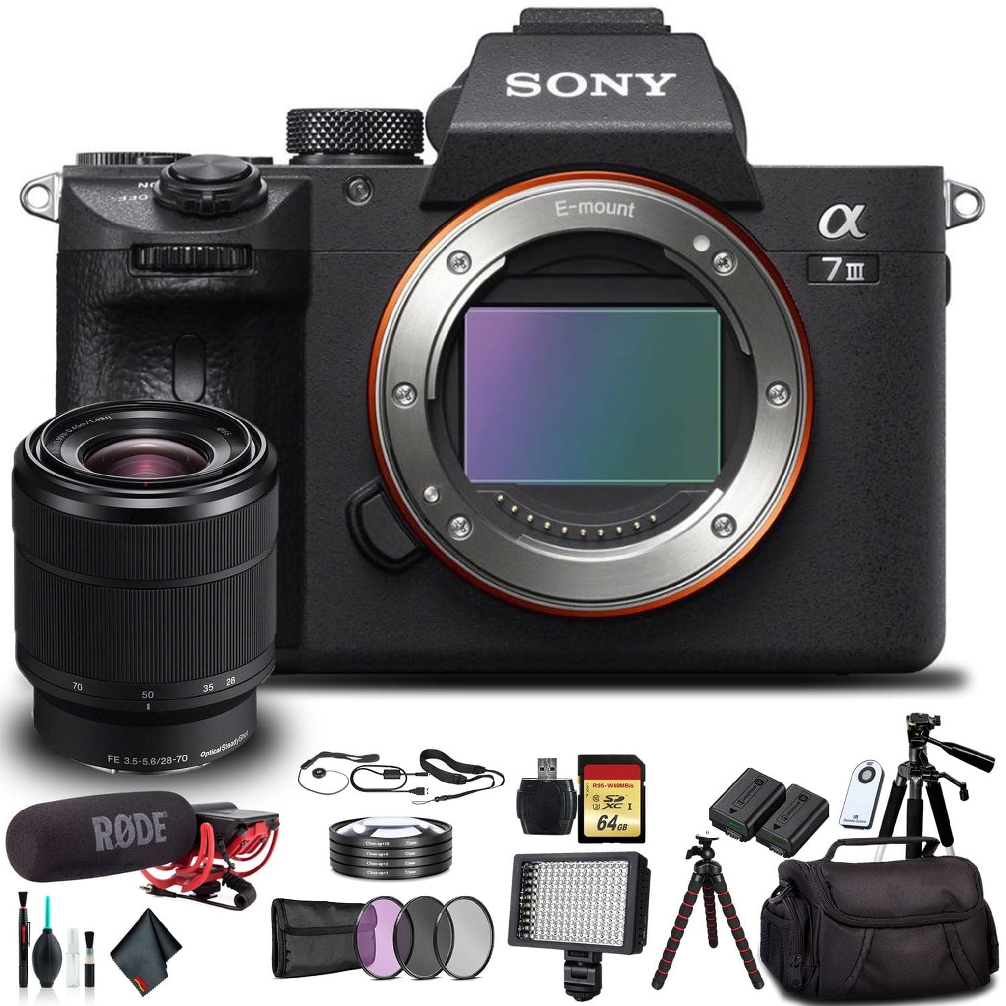 Sony Alpha a7 III Mirrorless Camera with 28-70mm Lens ILCE7M3K/B With Soft Bag, Additional Battery, Rode Mic, LED Light, 64GB Memory Card, Sling Soft Bag, Card Reader , Plus Essential Accessories Sony