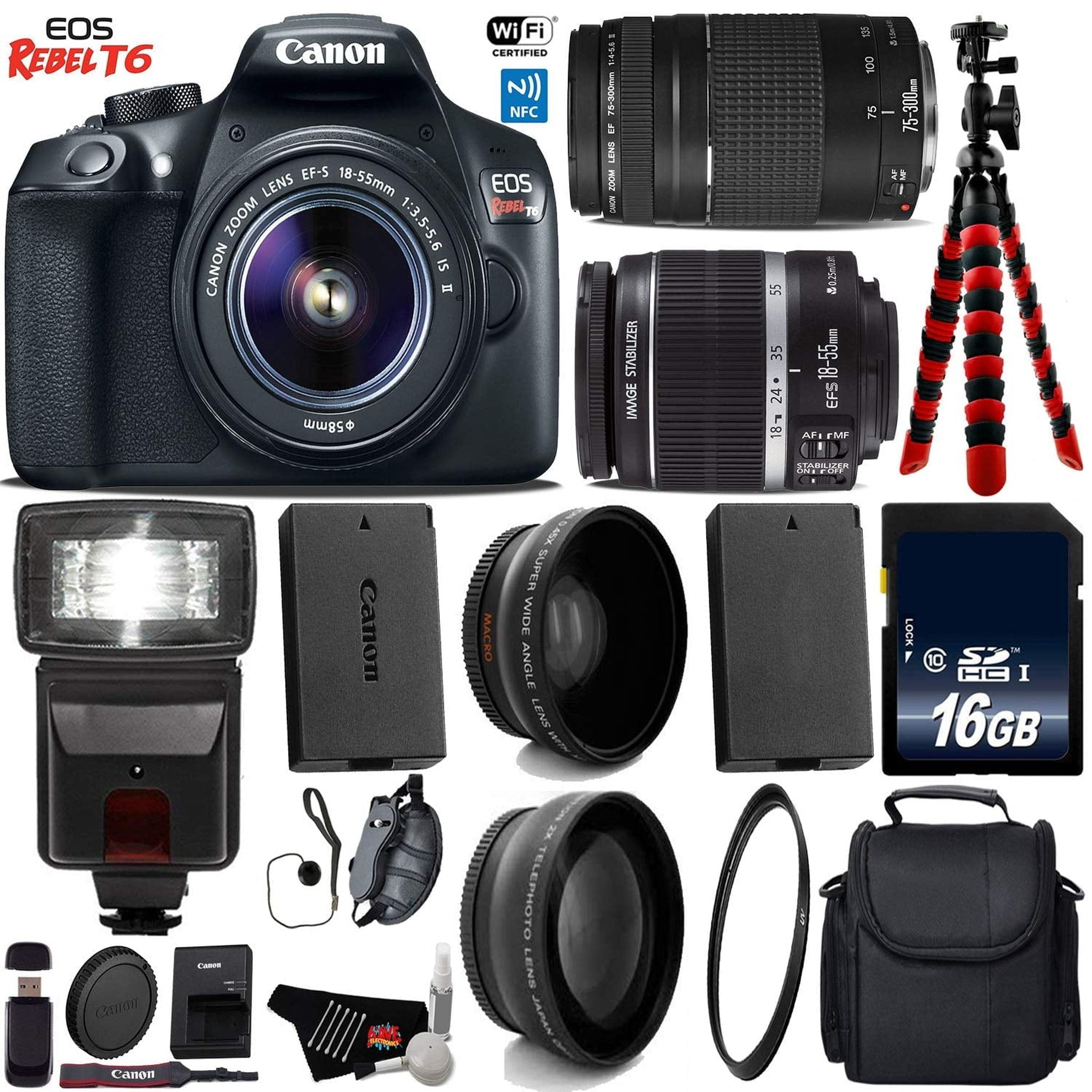 Canon EOS Rebel T6 DSLR Camera with 18-55mm is II Lens & 75-300mm III Lens + Flash + UV FLD CPL Filter Kit + Wide Angle Canon