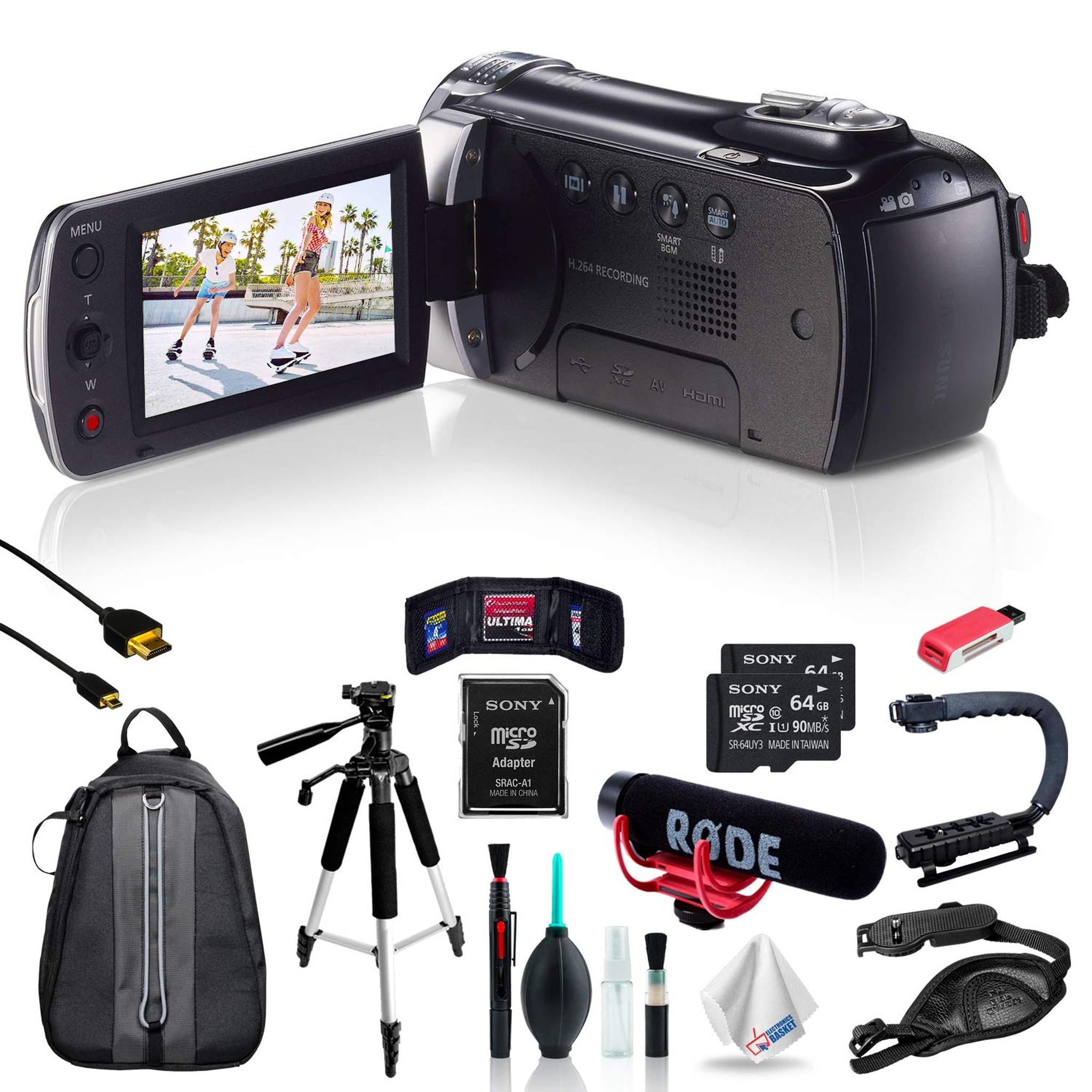 Samsung HMX-F90 Black Camcorder + 2pc 64GB mSDXC C10 Memory Card + Rode Microphone + Hands-Free Shoulder Mount Stabilizer Starter Bundle Samsung