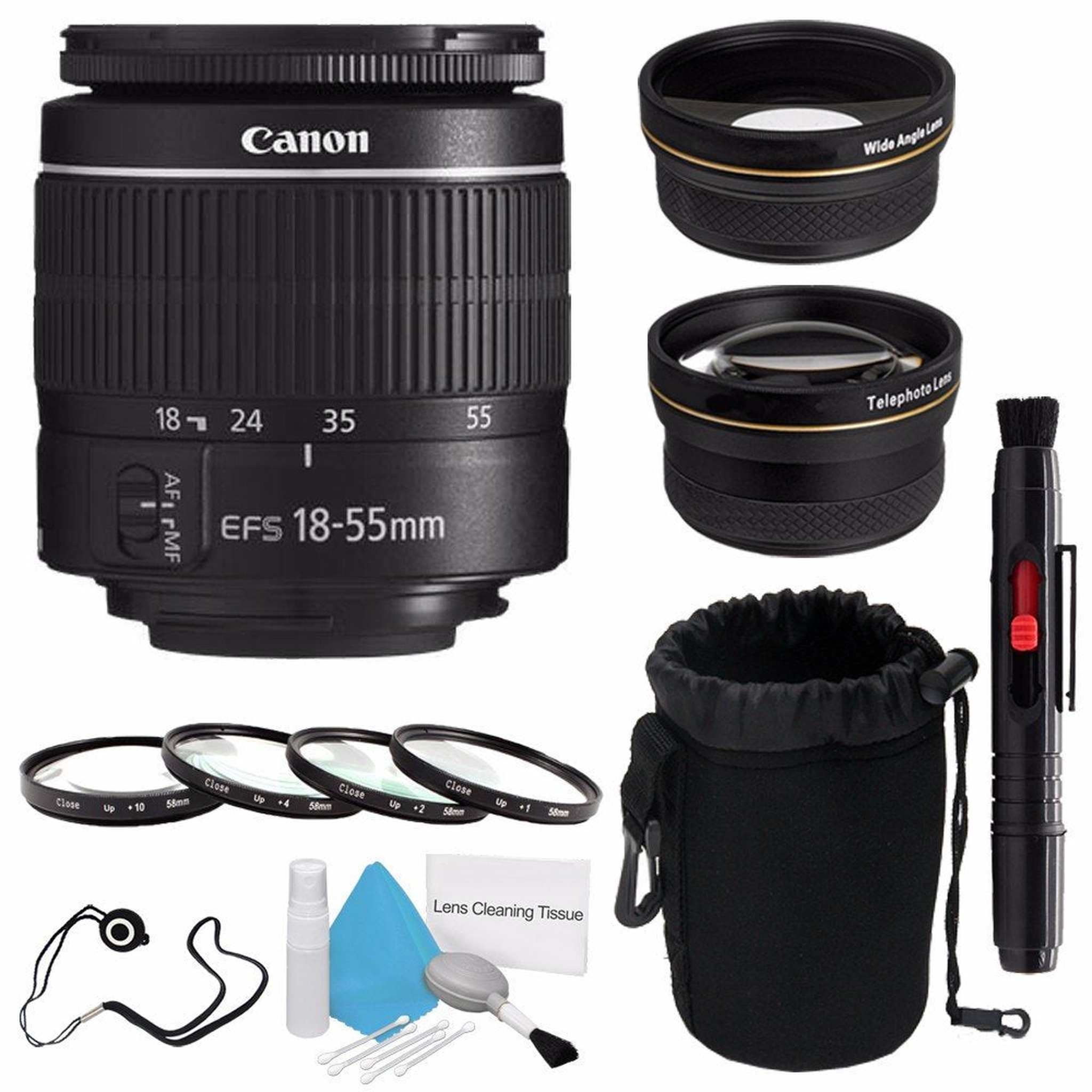 Canon EF-S 18-55mm f/3.5-5.6 III Lens International Model + 58mm Wide Angle Lenses + 58mm Macro Close Up Kit Canon