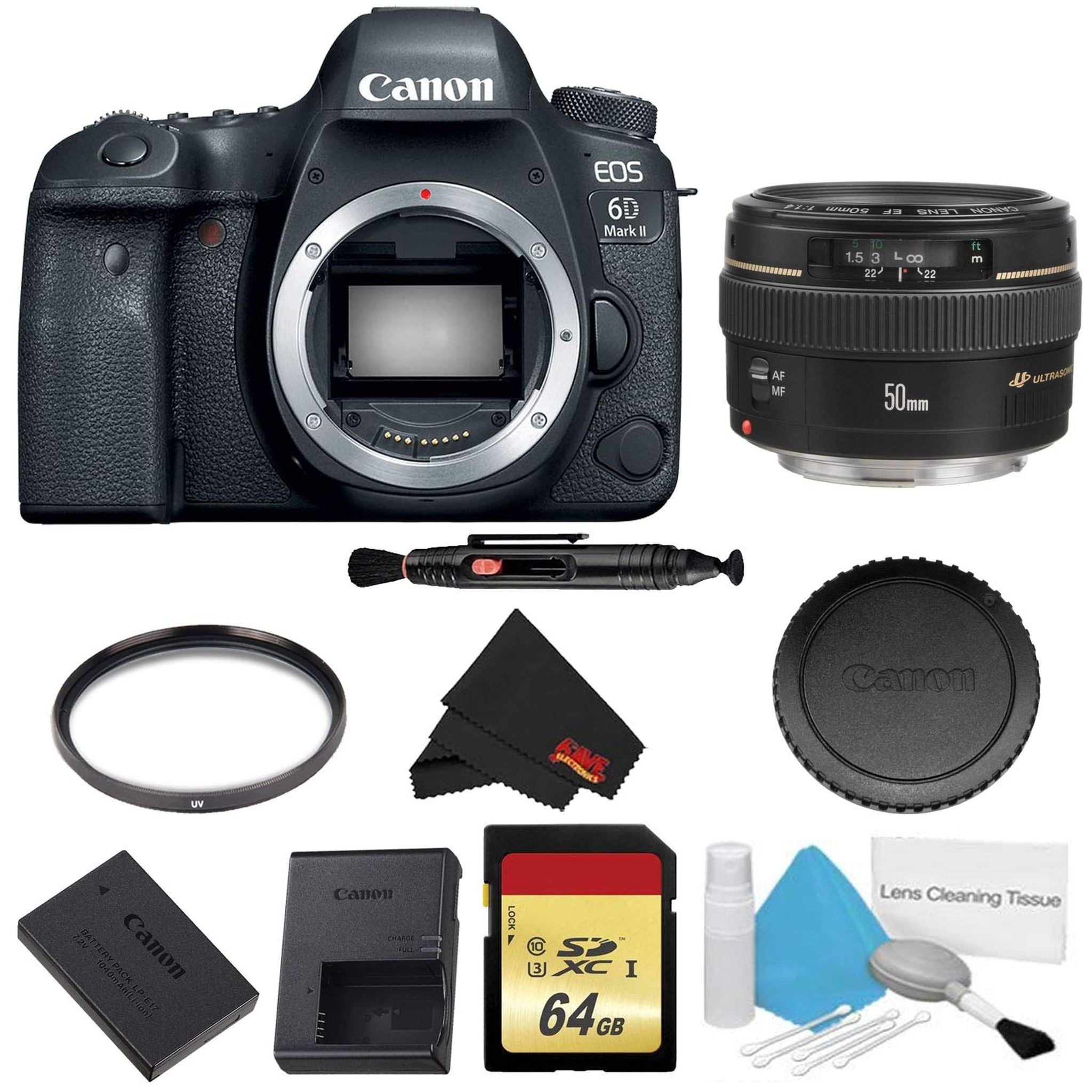 Canon EOS 6D Mark II DSLR Camera Body Only Basic Filter w/Memory Bundle + Bonus Canon EF 50mm f/1.4 USM Lens - Interna Canon