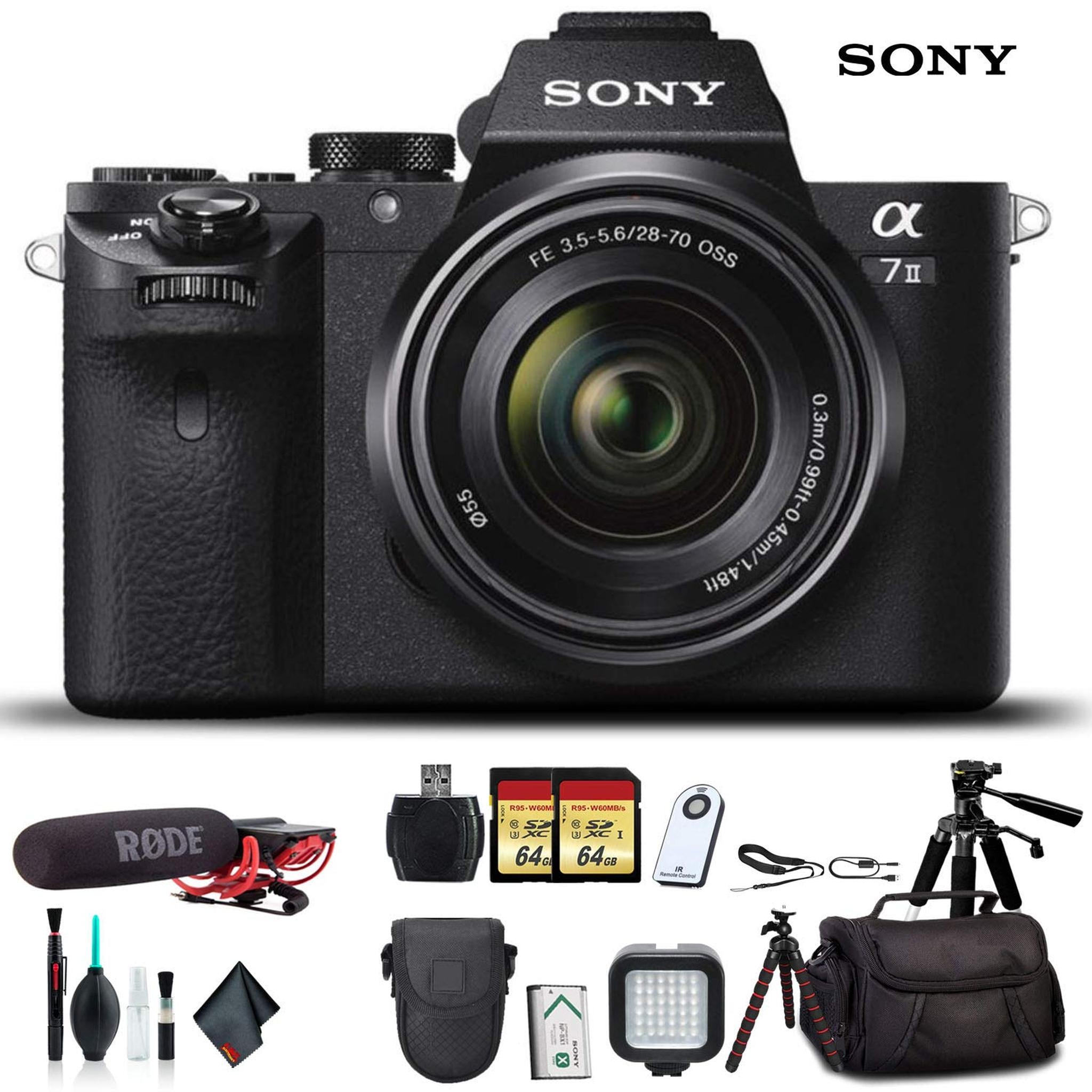 Sony Alpha a7 II Mirrorless Camera with FE 28-70mm f/3.5-5.6 OSS Lens With Soft Bag, 2x Extra Batteries, Rode Mic, LED Light, HD Monitor, 2x 64GB Memory Card, Sling Bag, , Plus Essential Accessories Sony