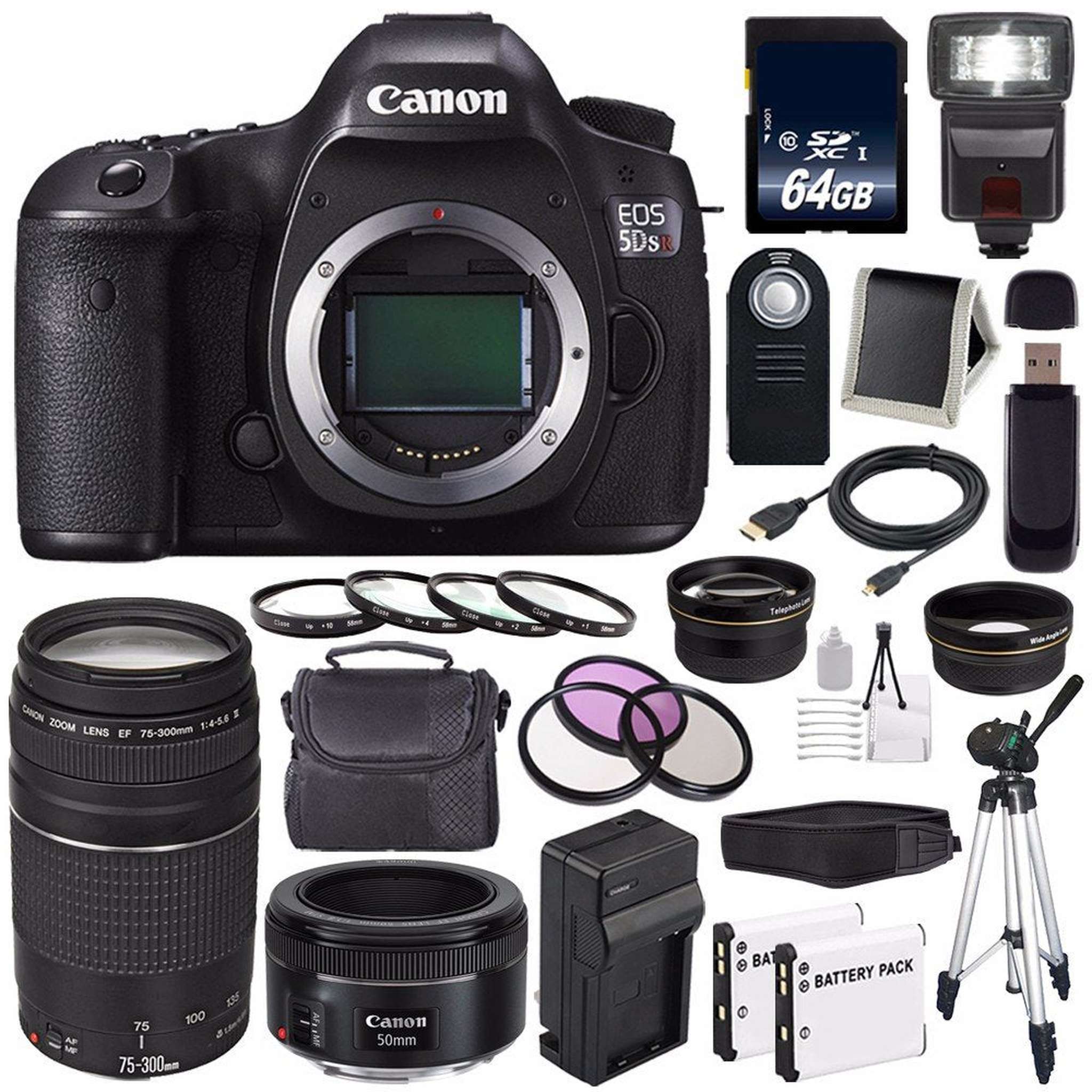 Canon EOS 5DS R DSLR Camera International Model 0582C002 + Canon EF 75-300 III+ EF 50mm f/1.8 STM Lens Bundle Canon