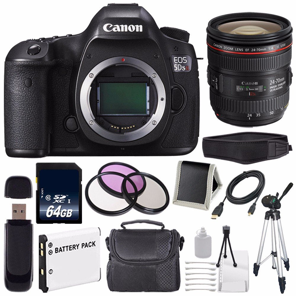 Canon EOS 5DS R DSLR Camera International Model 0582C002 + Canon EF 24-70mm f/4L is USM Lens + LP-E6 Battery + 64GB Card Storage Bundle Canon