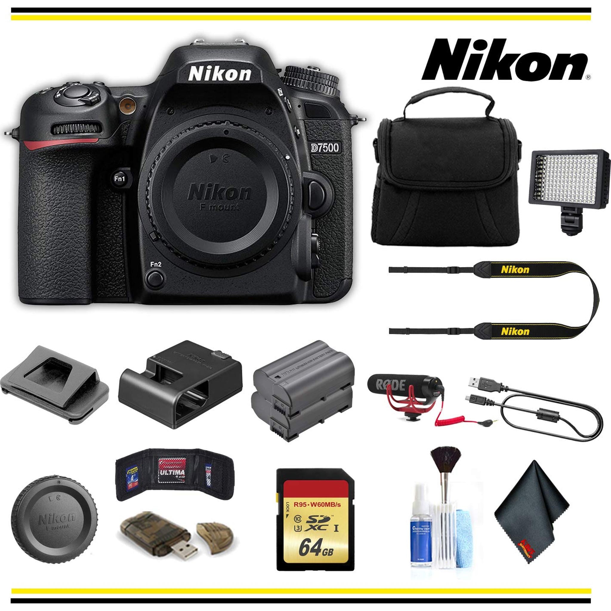 Nikon D7500 DSLR Camera 1581 Advanced Bundle Body W/Bag, Extra Battery, LED Light, Mic, and More Nikon