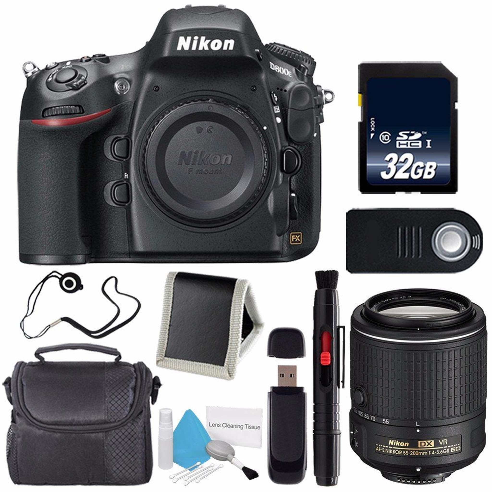 Nikon D800E Digital Camera Body Only International Model + Nikon AF-S DX NIKKOR 55-200mm f/4-5.6G ED VR II Lens + 32GB Memory Card Starter Bundle Nikon