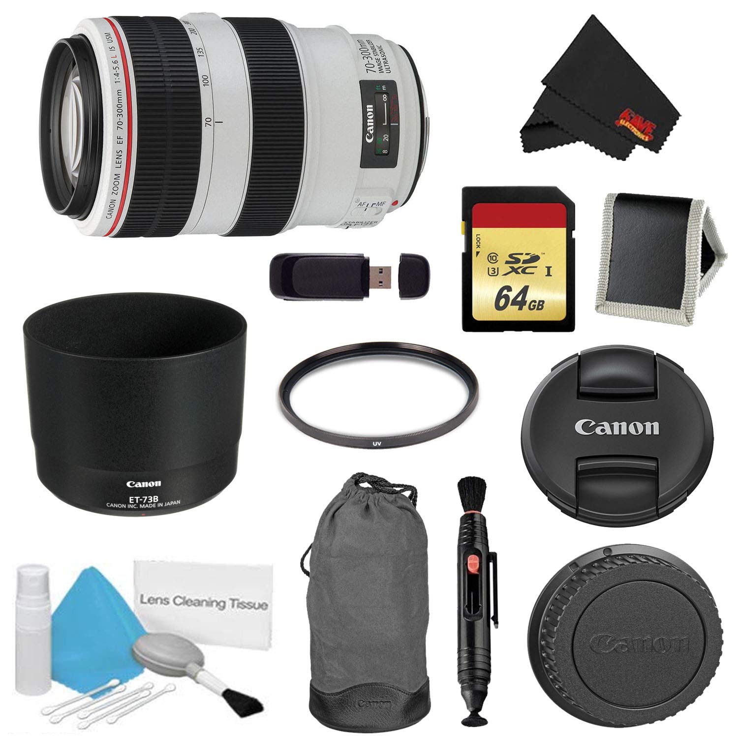 Canon EF 70-300mm f/4-5.6L is USM Lens Bundle w/ 64GB Memory Card + Accessories UV Filter International Model Canon