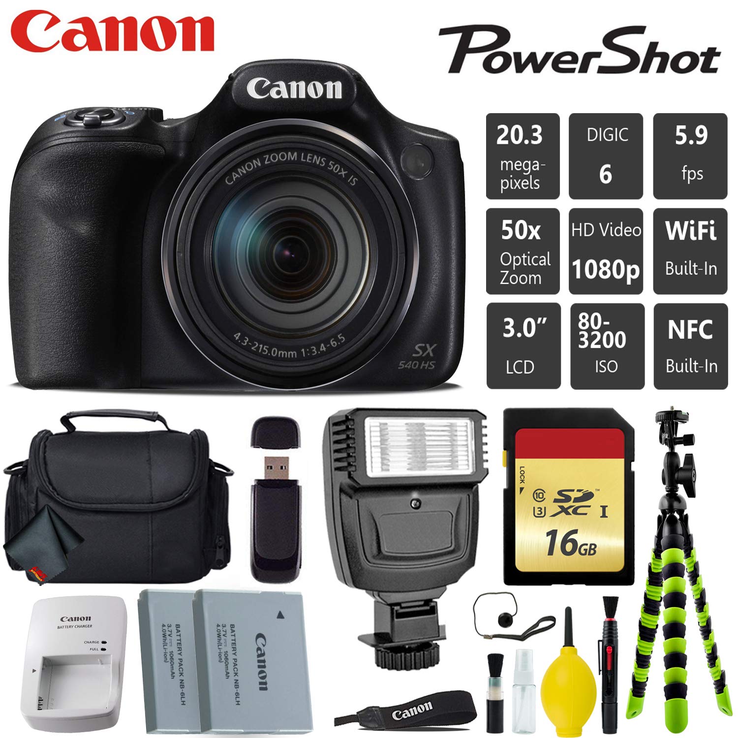 Canon PowerShot SX540 HS Digital Point and Shoot 20MP Camera + Extra Battery + Digital Flash + Camera Case + 16GB Class Card Starter Bundle Canon