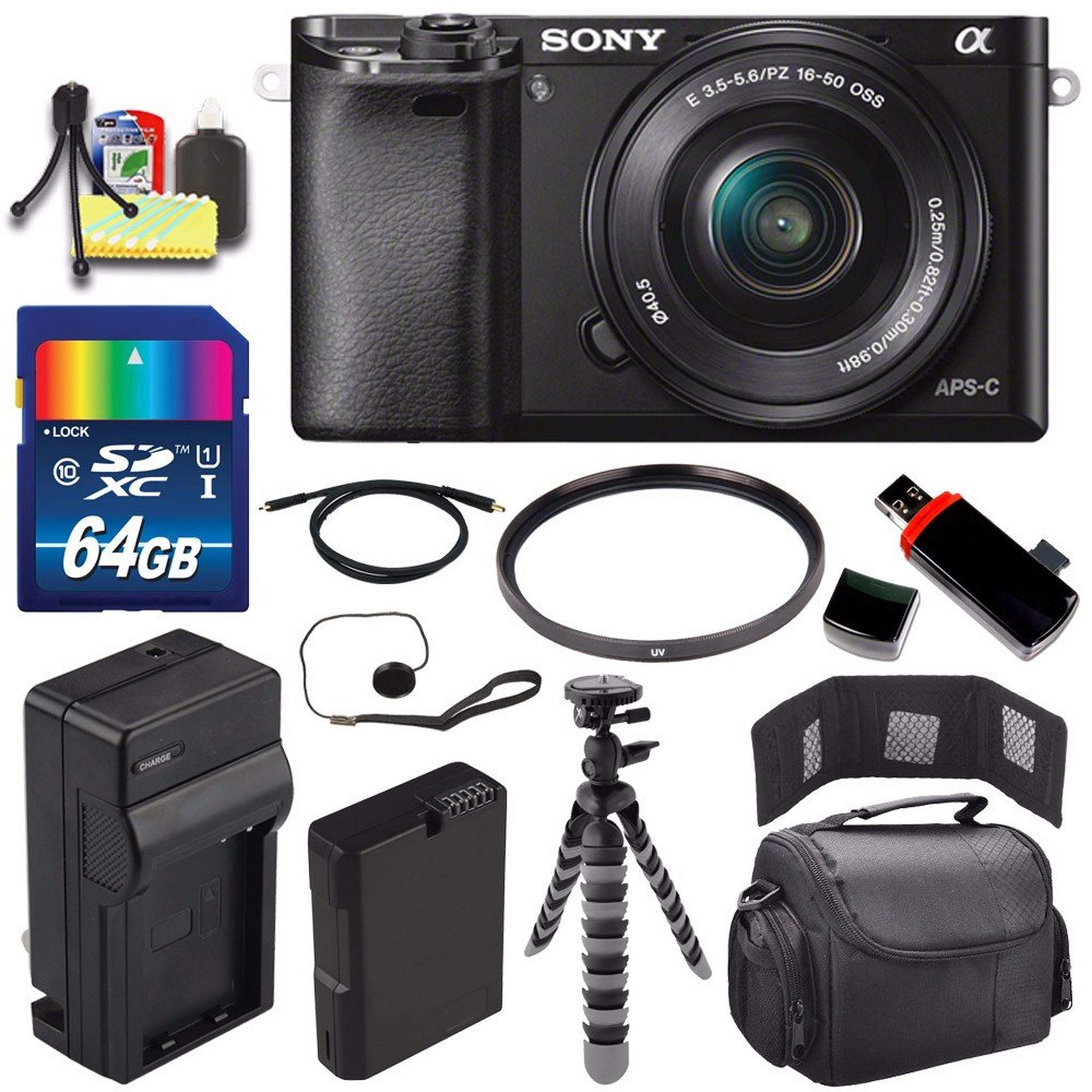 Sony Alpha a6000 Mirrorless Digital Camera with 16-50mm Lens Black + Battery + Charger + 64GB Bundle 3 - International Sony