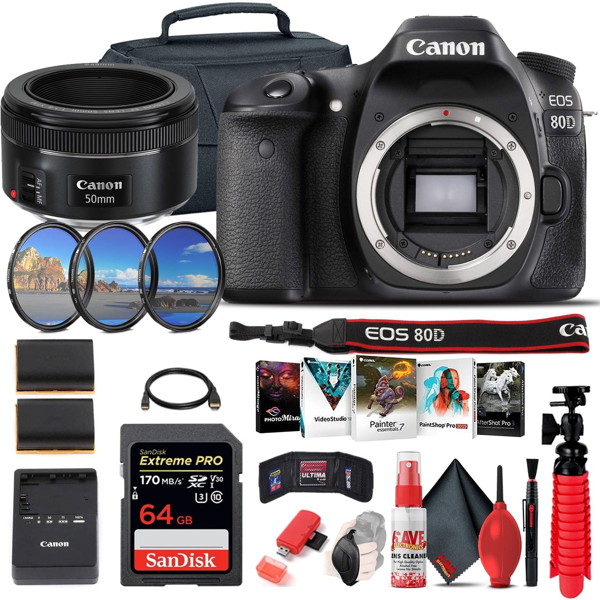 Canon EOS 80D DSLR Camera Body Only 1263C004 + EF 50mm Lens + 64GB Advanced Bundle Canon