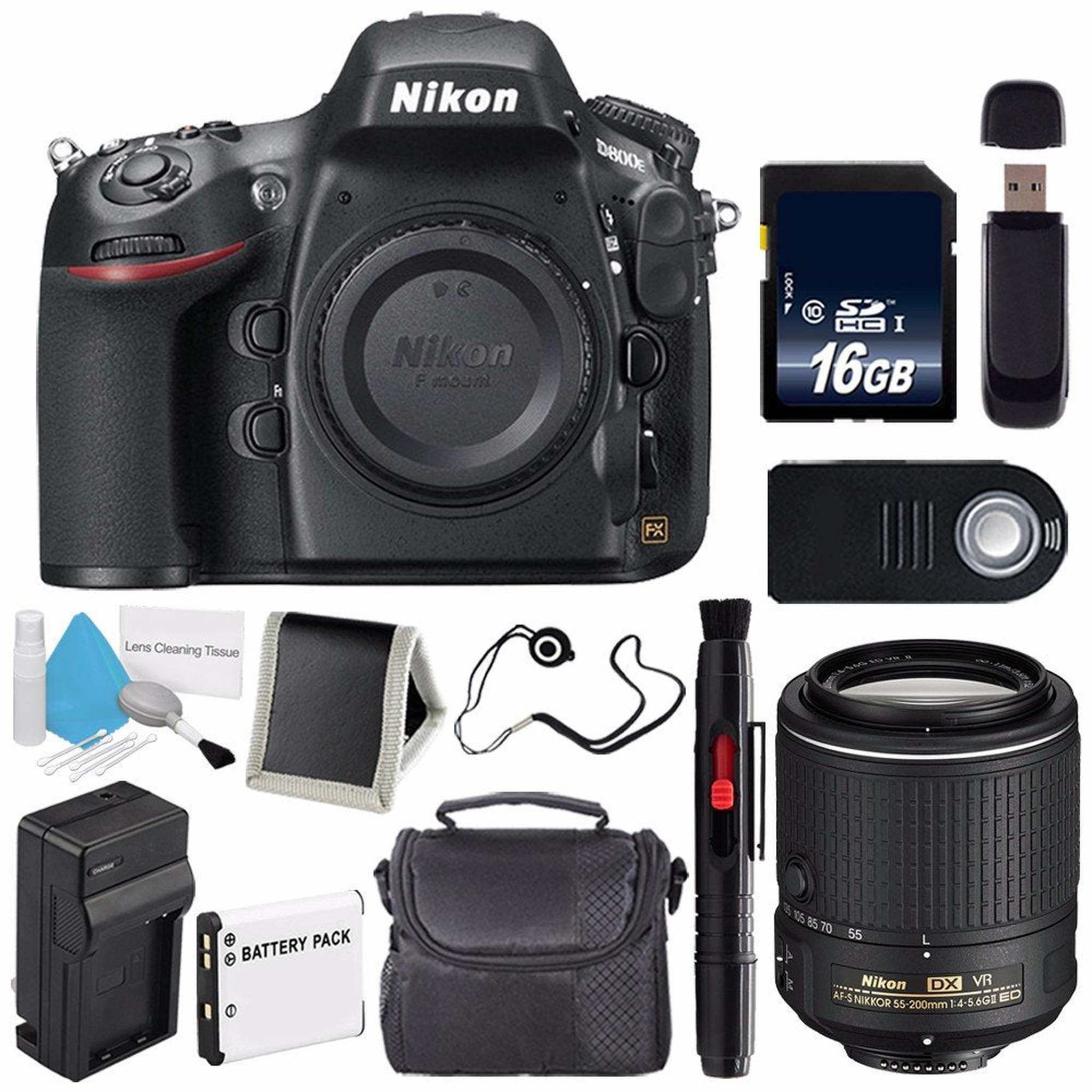 Nikon D800E Digital Camera Body Only International Model + Nikon AF-S DX NIKKOR 55-200mm f/4-5.6G ED VR II Lens + 16GB Memory Card Pro Bundle Nikon