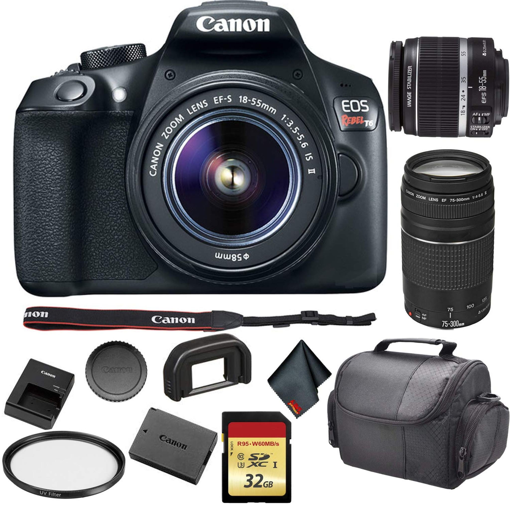 Canon EOS Rebel T6 DSLR Camera with 18-55mm Lens 1159C003 Bundle with Canon EF 75-300mm f/4-5.6 III Lens + 32GB Memory C Canon