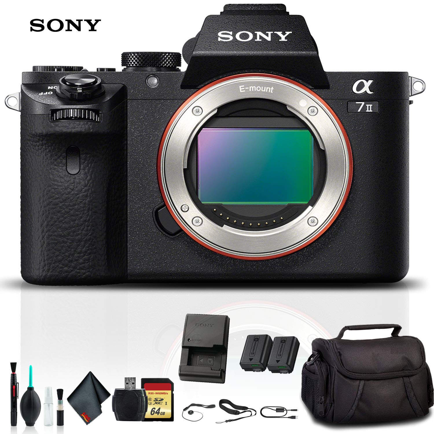 Sony Alpha a7 II Mirrorless Camera ILCE7M2/B With Soft Bag, 64GB Memory Card, Card Reader , Plus Essential Accessories Sony