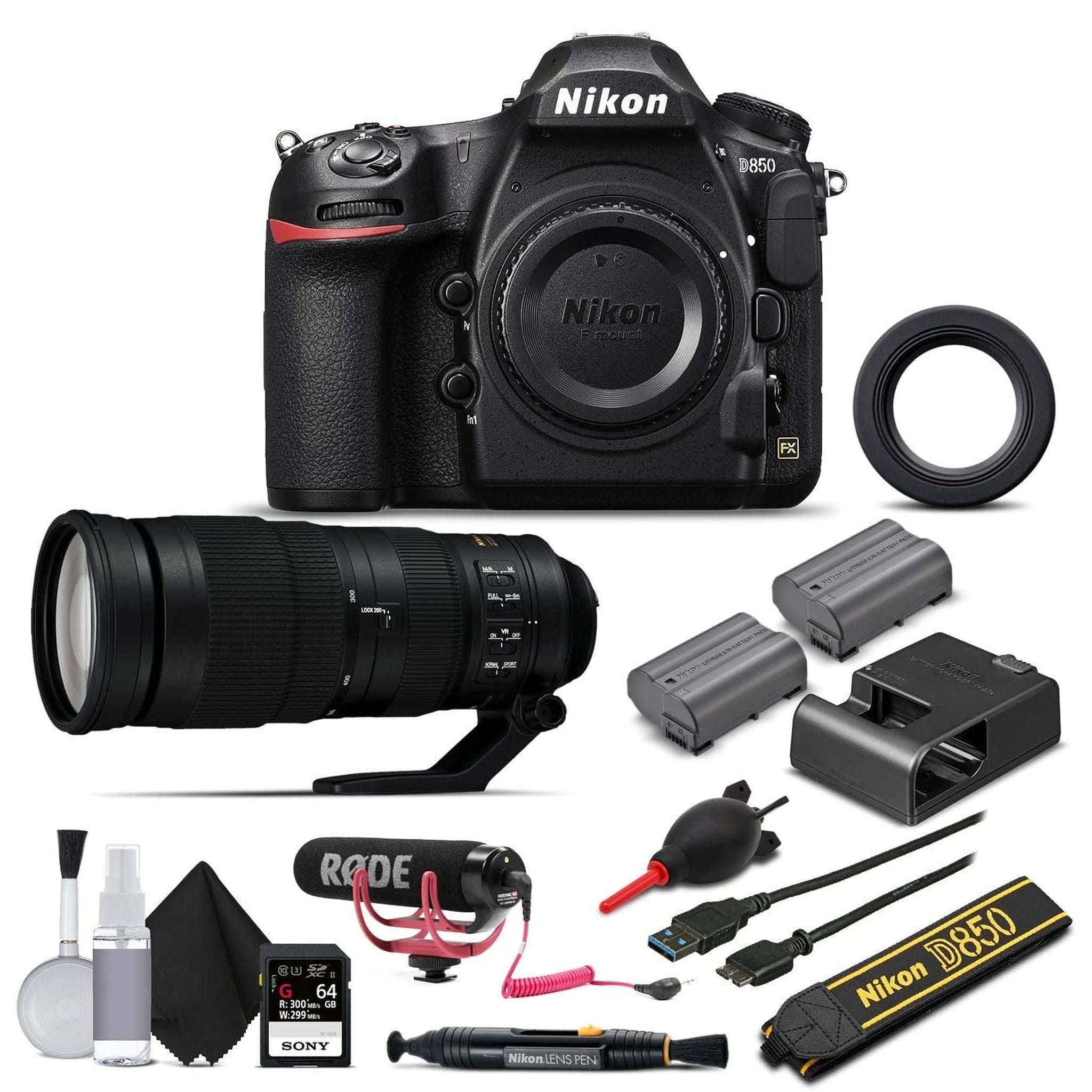 Nikon D850 Digital SLR Camera W/ Nikon AF-S FX NIKKOR 200-500mm f/5.6E ED Lens, 64GB Memory Card, Soft Bag, Rode Mic, Extra Battery, Plus 2 Year Warranty. Intl Model Nikon