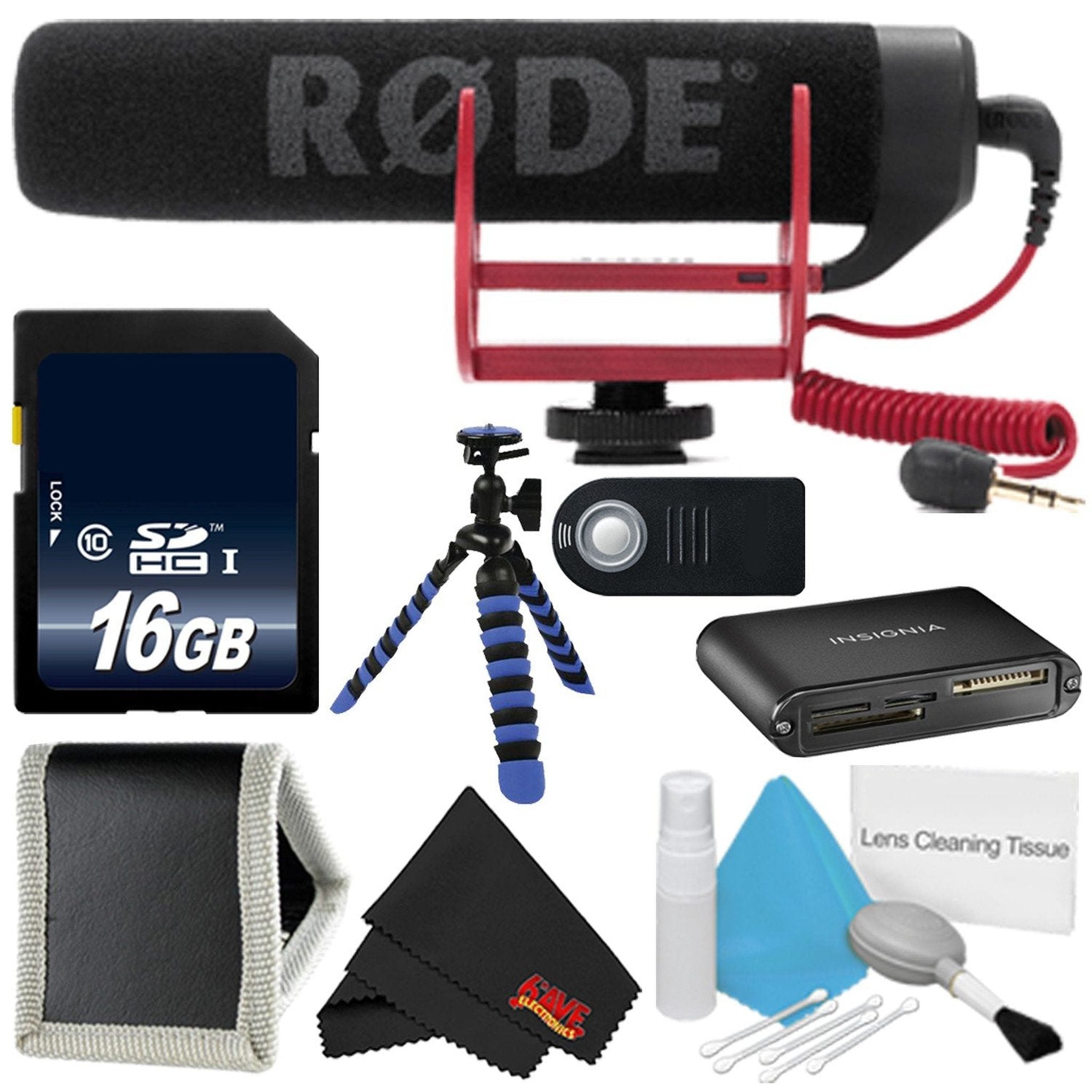 Rode VideoMic GO VIDEOMIC-GO + 16GB Memory Card + Flexible Tripod with Gripping Rubber Legs + Deluxe Cleaning Kit + Microfiber Cloth- Bundle Rode