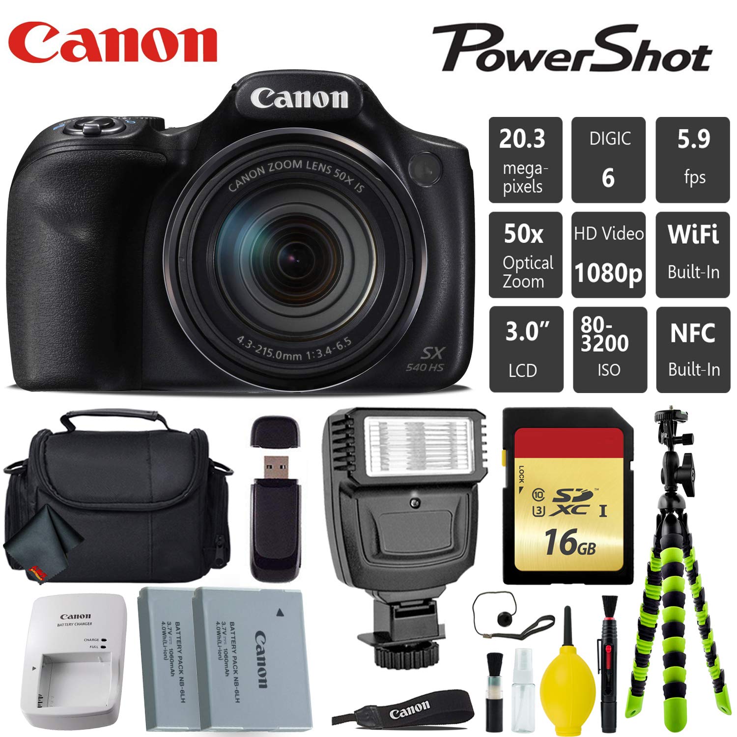 Canon PowerShot SX540 HS Digital Point and Shoot Camera + Extra Battery + Digital Flash + Camera Case + 16GB Class 10 Me Canon