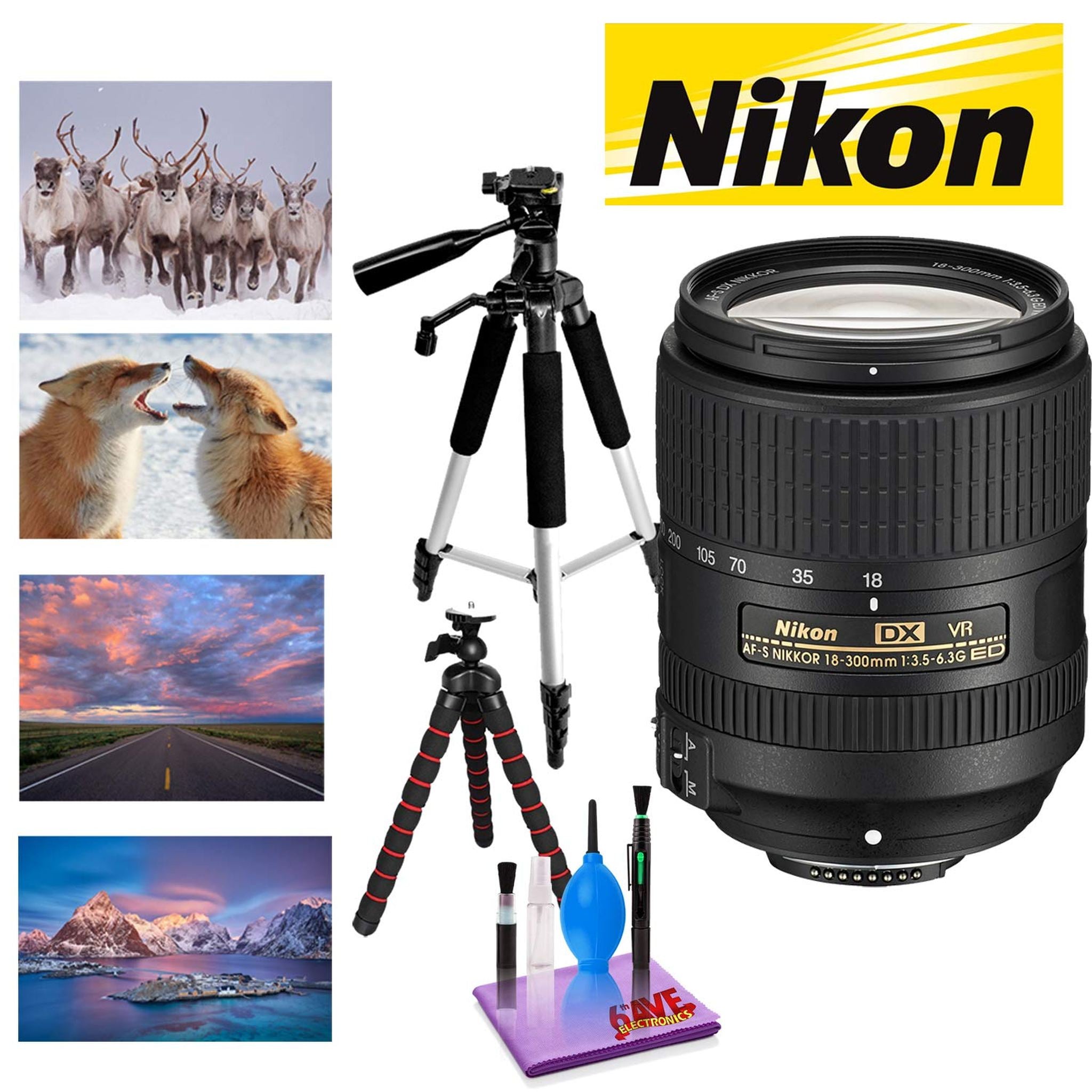 NIKON 18-300MM F/3.5-6.3G ED AF-S DX VR Lens with 12 in Flexible Tripod and 72 in Professional Heavy Aluminum Tripod Bundle Nikon