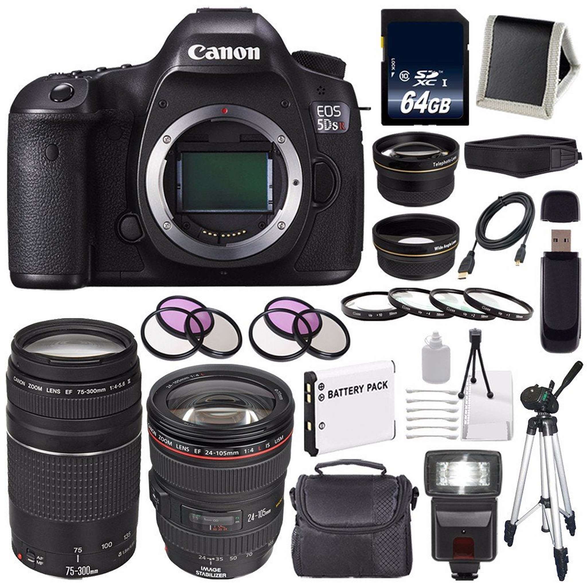 Canon EOS 5DS R DSLR Camera International Model 0582C002 + Canon EF 24-105mm f/4L is USM Lens + Canon EF 75-300 III Pro Bundle Canon