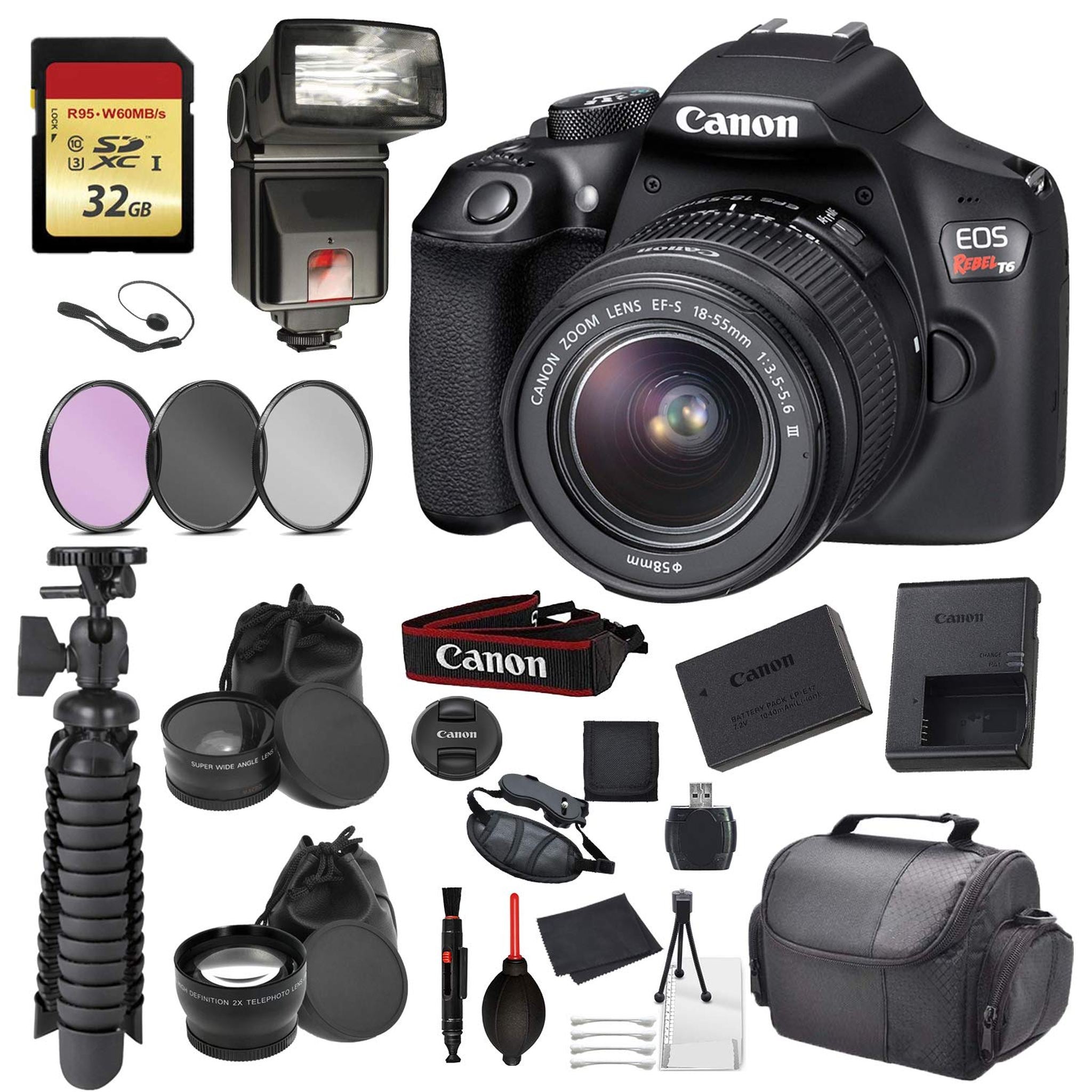 Canon EOS Rebel T6 Digital SLR Camera with EF-S 18-55mm f/3.5-5.6 DC III Lens Kit Black Essential Accessory Bundle Pac Canon